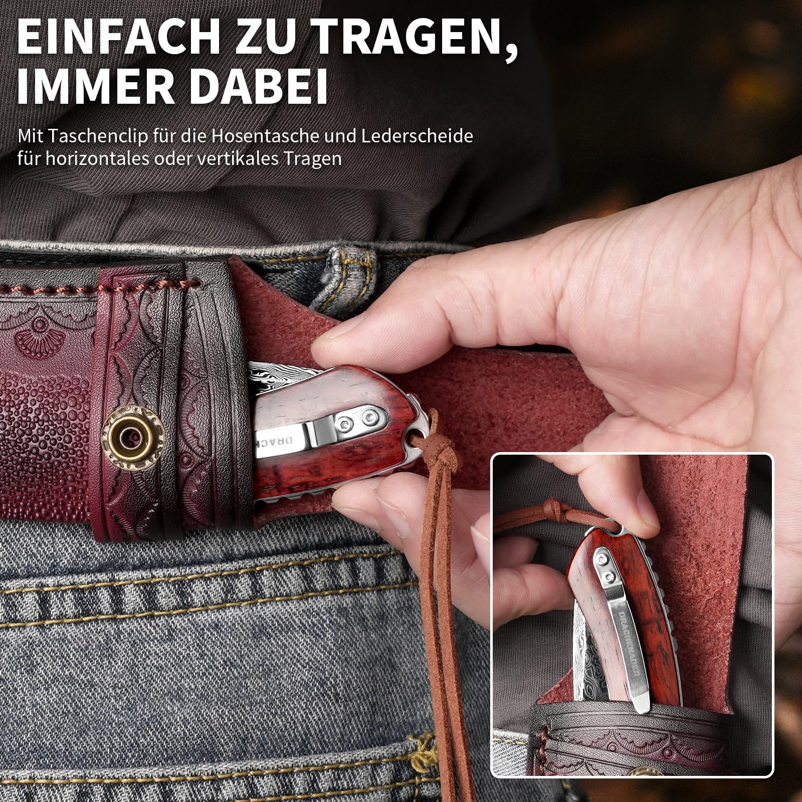 DRACHENADER Couteau Pliant Damas – Couteau de Poche Élégant avec Lame en Acier Damas et Manche en Bois, Étui en Cuir Inclus