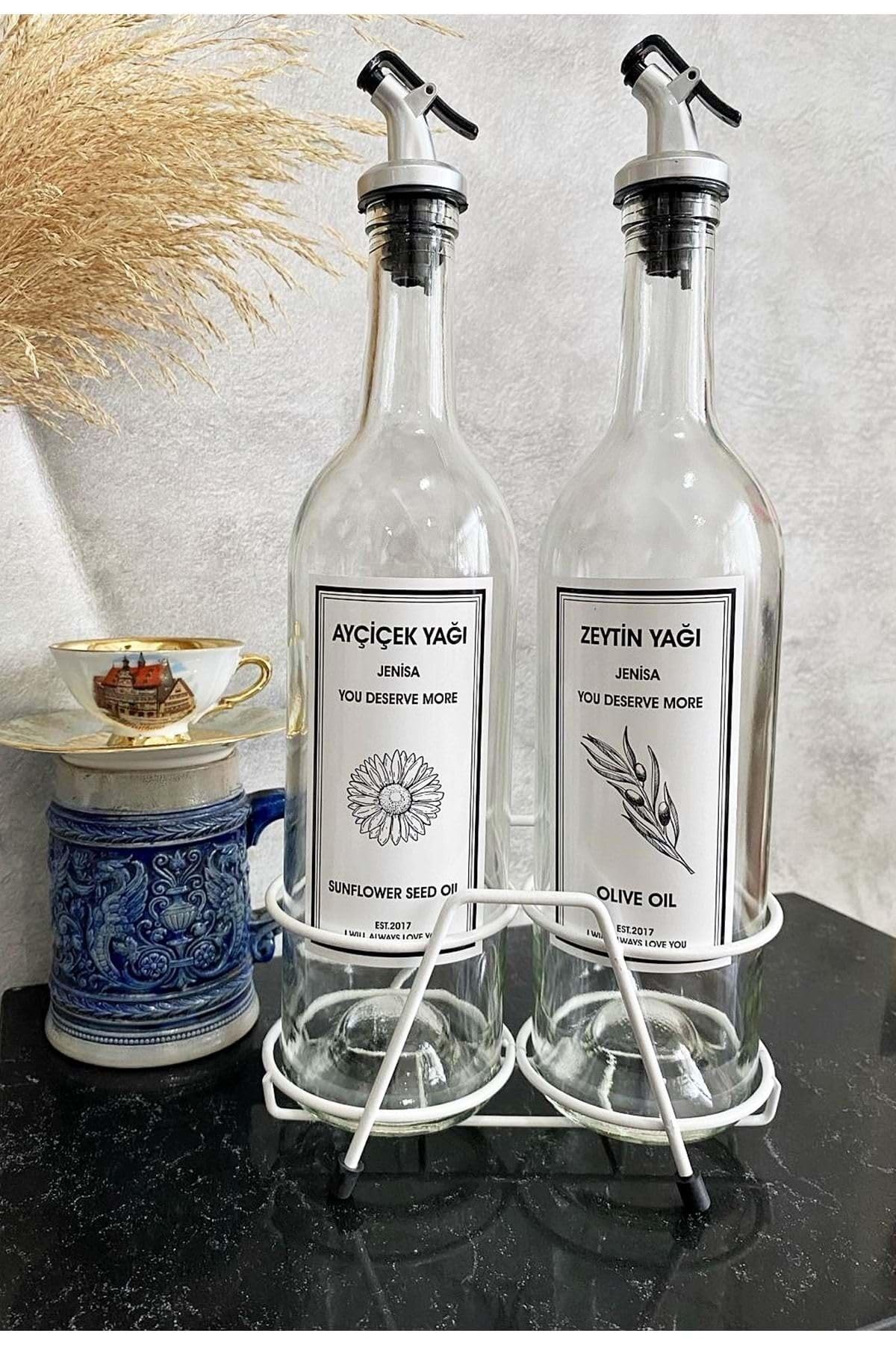 Jenisa Beyaz Standlı Akıtıcılı Şeffaf 750 Ml Beyaz Etiketli Yağlık Yağdanlık