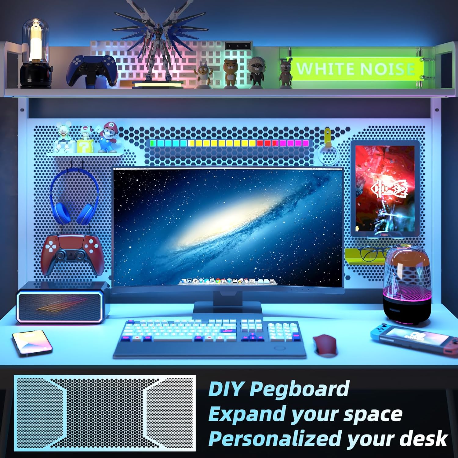 Elephance Small Gaming Desk with Pegboard, 39 Inch Computer Desk with Storage Shelves, Modern Office Desk for Study Work Home Office, Small Spaces, White