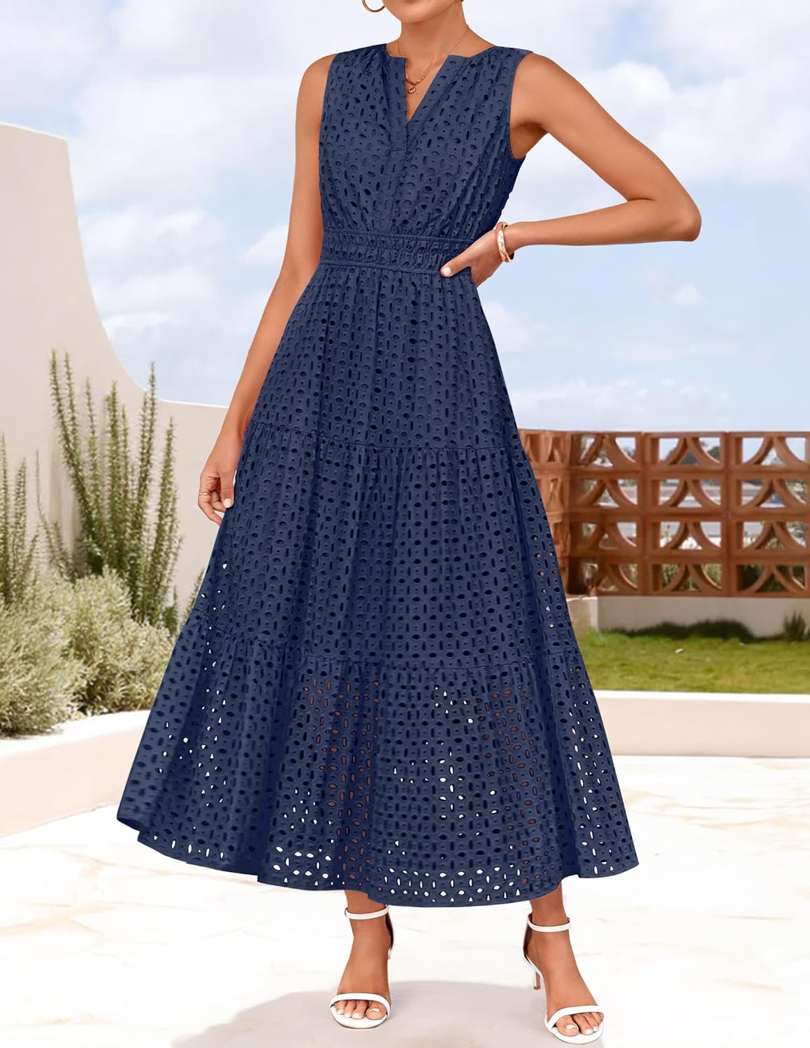 ZESICA Women's 2026 Summer Sleeveless Maxi Dress Casual V Neck Hollow Out Eyelet A Line Flowy Party Long Dresses