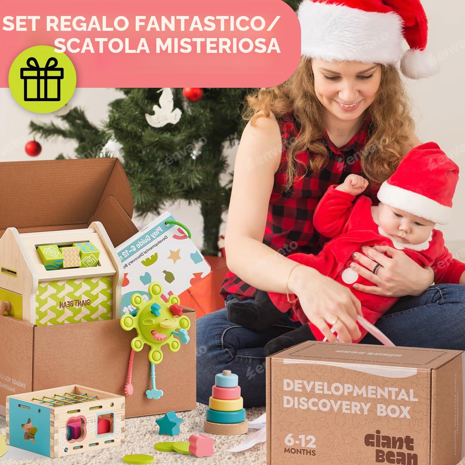 Giant bean Montessori giocattolo a partire dai 6 ai 12 mesi, giocattolo Montessori, torre impilabile, giocattolo sensoriale, puzzle a specchio, scatola permanente per oggetti, regalo per bambini dai 6