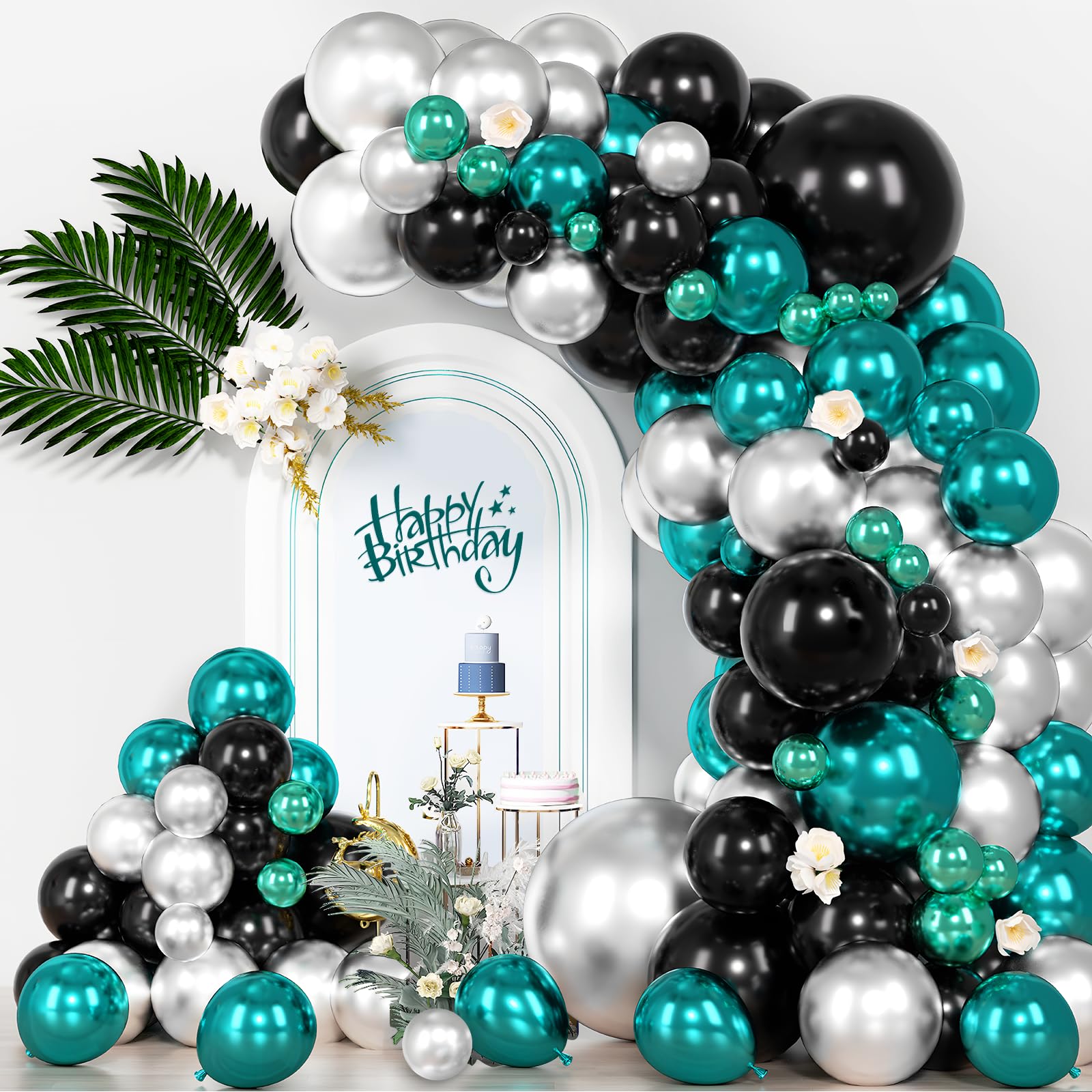 Chrome Teal Balloons Garland Arch Kit, Turquoise Silver Black Balloons Kit for Birthday Party, Baby Shower, Wedding Decoration