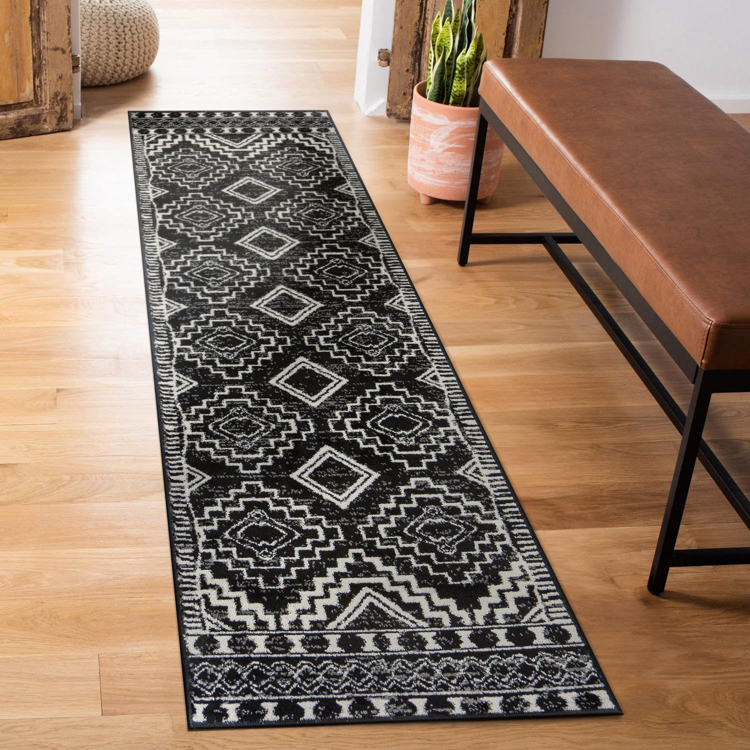 Rugshop Southwestern Black and White Tribal Area Rug Geometric Diamond Pattern Carpet for Hallway,Living Room,Kitchen Bedroom, or Entryway – Boho Rustic Soft Floor Decor 2' 3" x 8' Runner Black