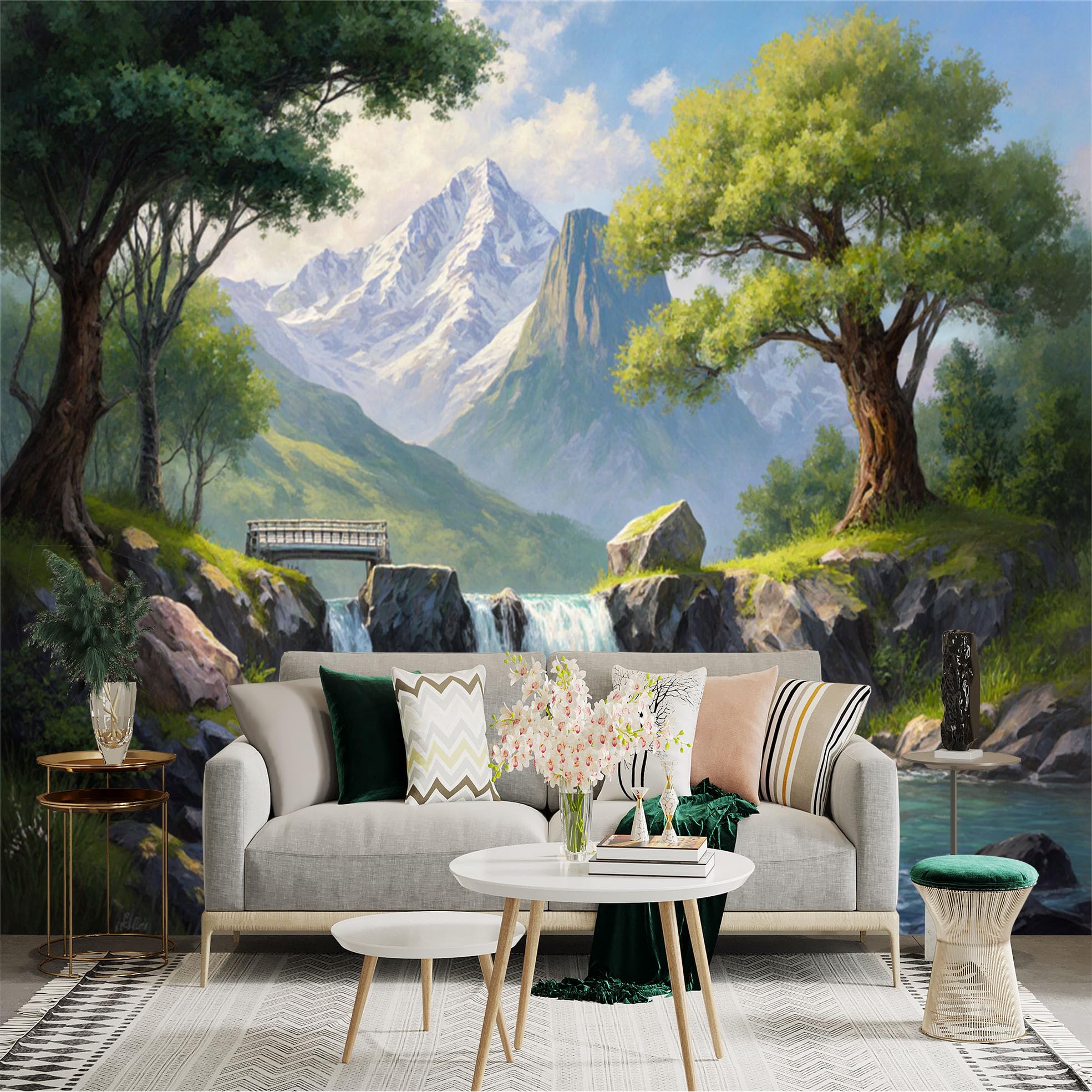 Custom Size Wall Sticker Mural， Mountain Landscape with Waterfall River Bridge and Green Trees， for wall Decoration， peelandstick wall Decals.