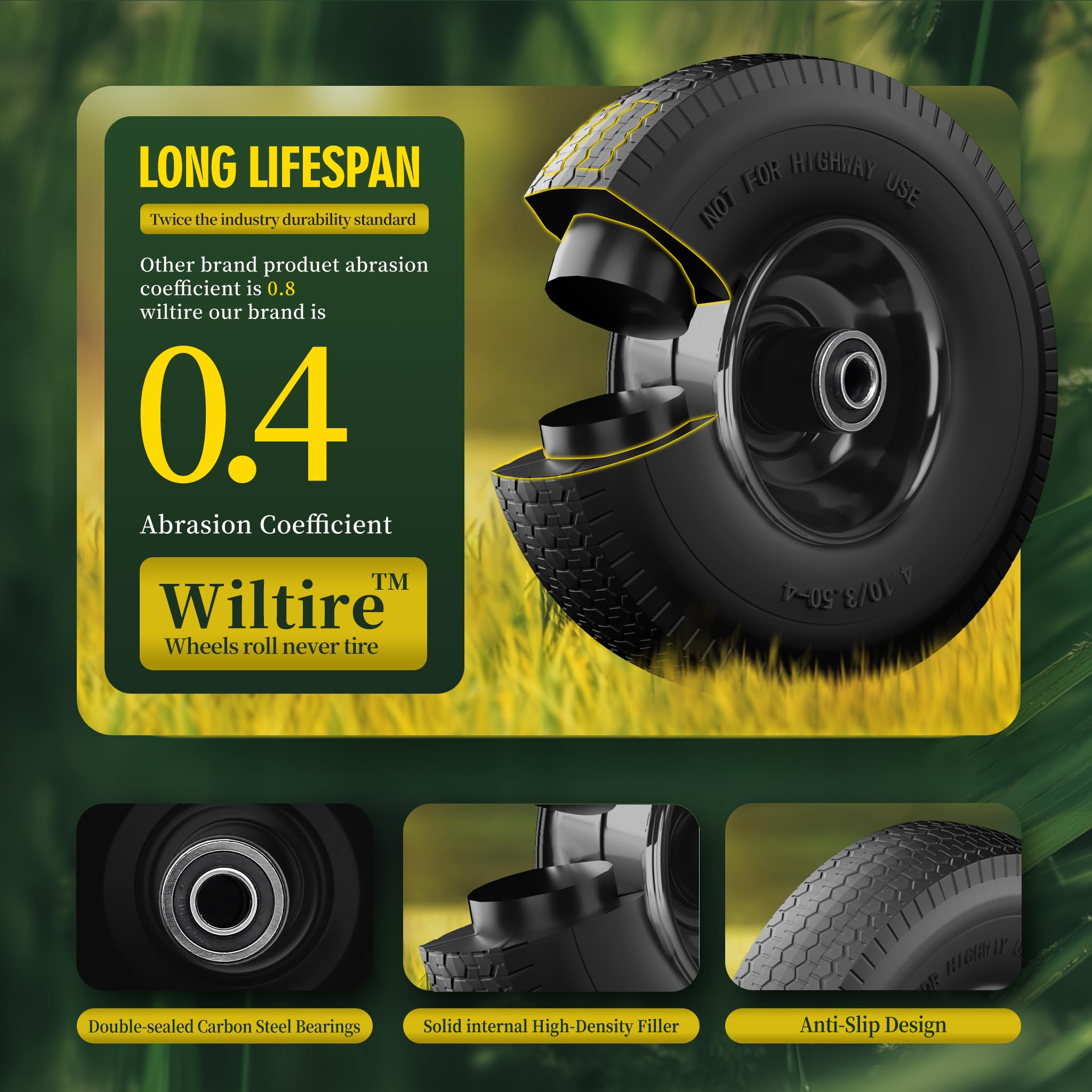 (2 sztuki) 4,10/3,50-4 10 mm solidna opona zastępcza i koło z dodatkowymi łożyskami 5/8 3/4 i 1/2, przesunięta piasta 5,71 cm - kompatybilna z taczką, taczką, taczką,