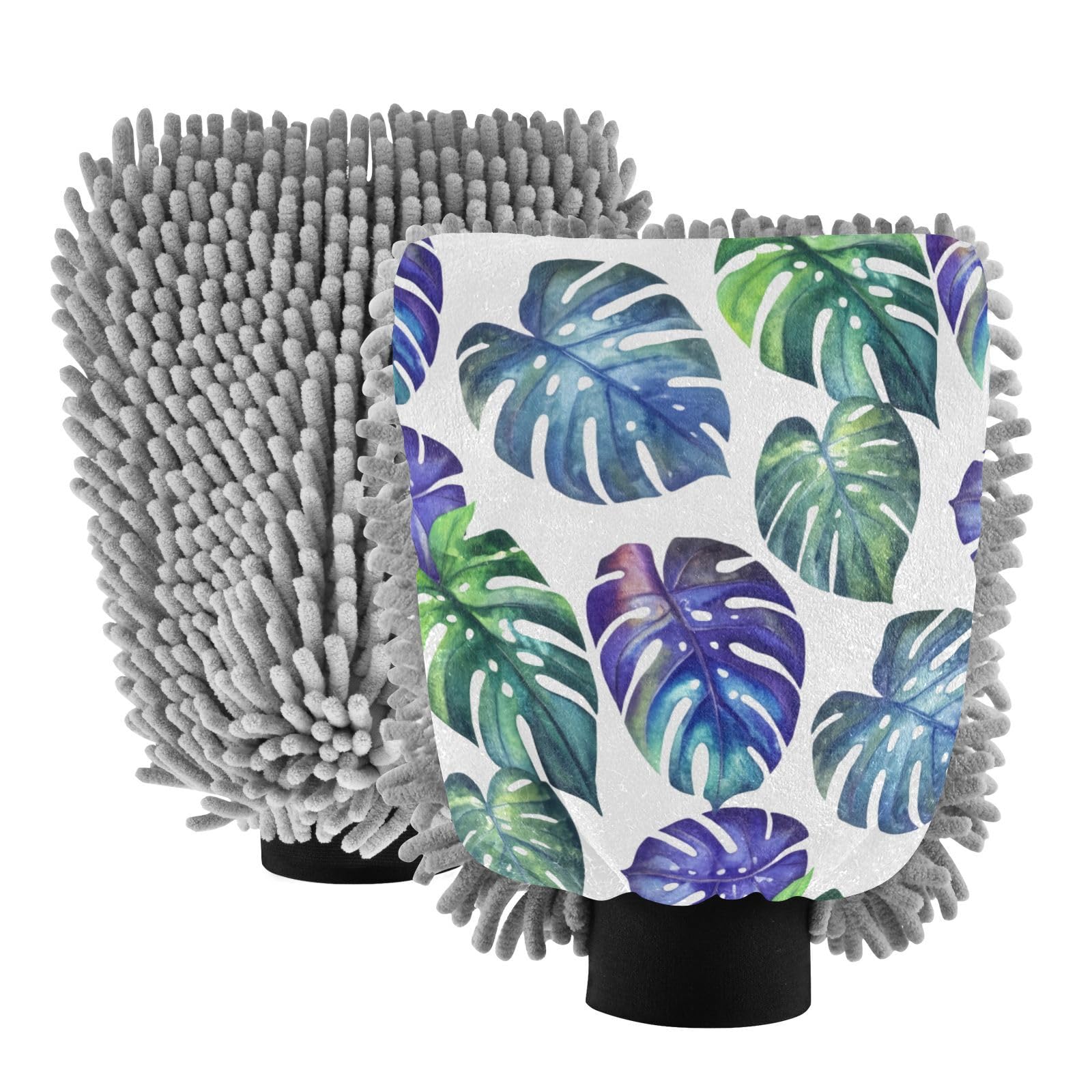 Kigai Watercolor Tropical Green Leaves Car Wash Mitt Microfiber, 2Pcs Scratch Free Lint-Free, Premium Chenille Microfiber Mitt Car Wash Brush-L