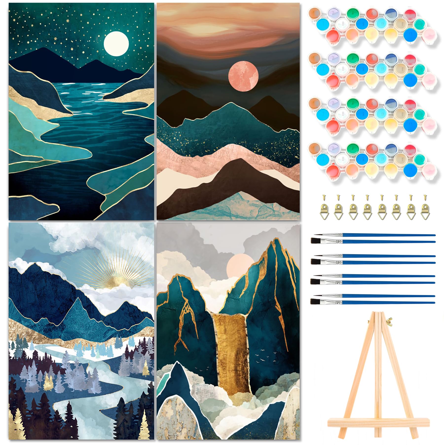 Fokenzary Paint by Numbers Kit for Adults DIY Abstract Landscape Canvas with Acrylic Paints Framed(20x30cmx4pcs)