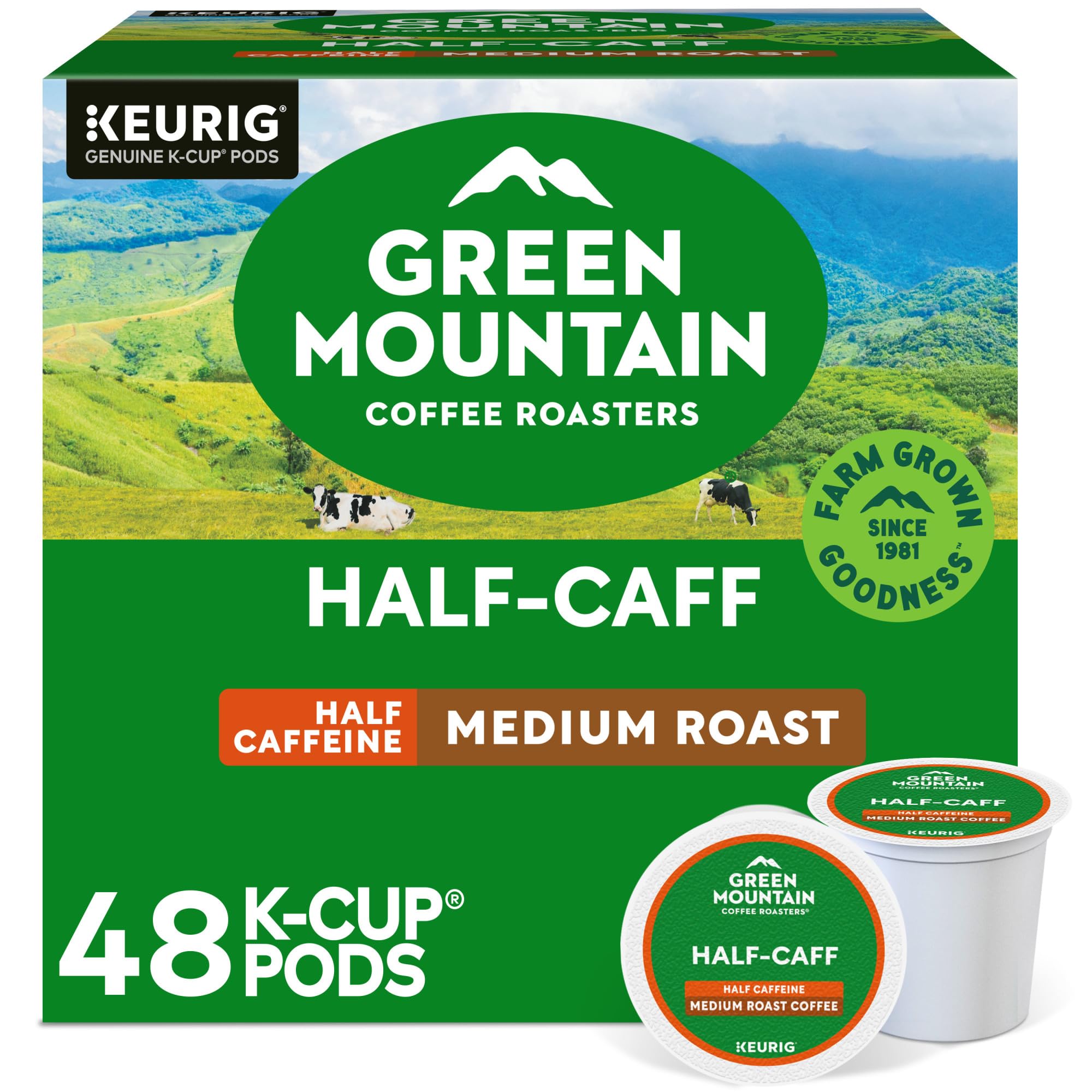 Green Mountain Coffee RoastersHalf Caff, Single-Serve Keurig K-Cup Pods, Medium Roast Coffee Pods, 48 Count