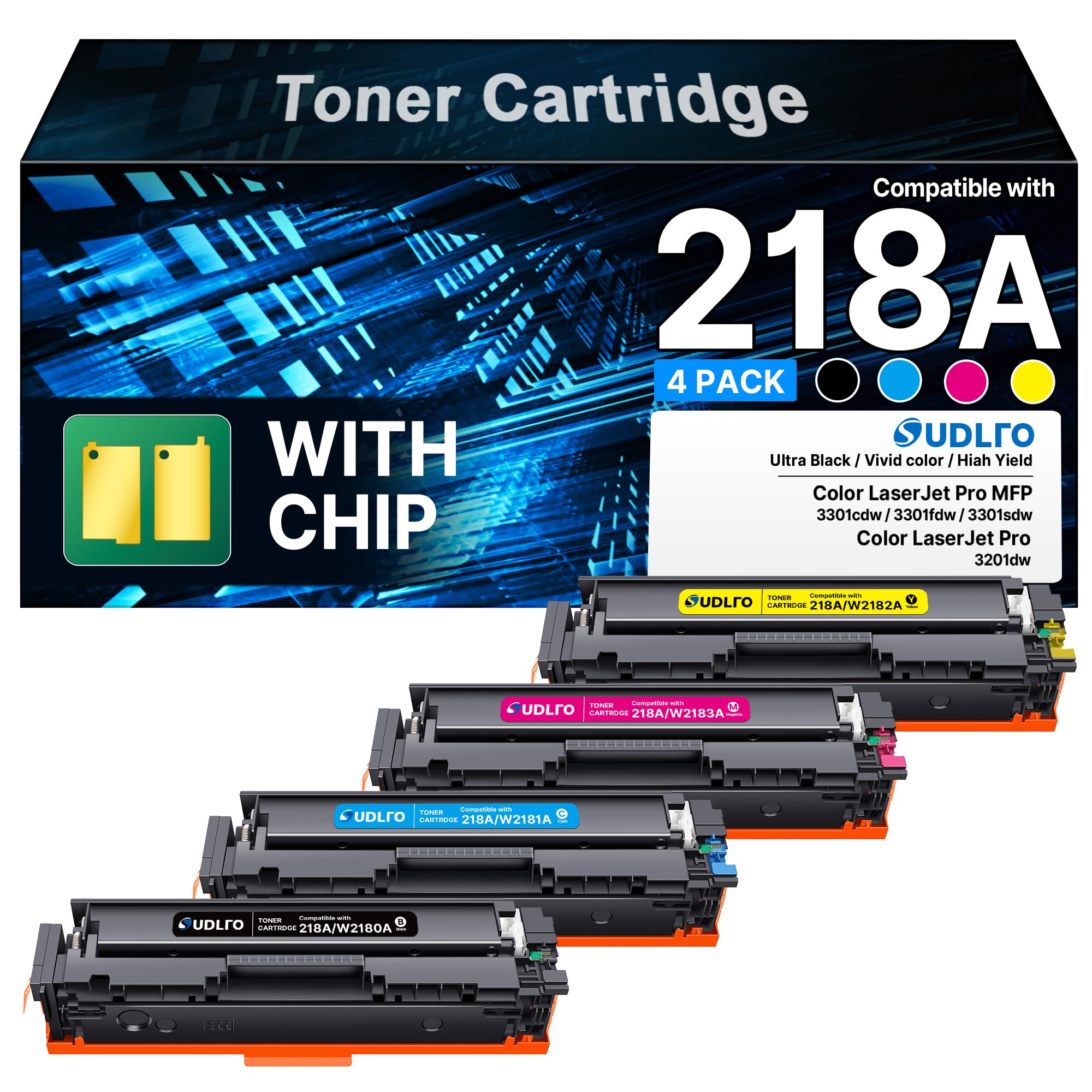 218A Toner (with Chip) Compatible for HP 218A Toner Cartridges 4 Pack - 218X Toner Work for HP Color Laserjet Pro MFP 3301fdw Toner 3301cdw 3201dw 3301sdw Printer Ink, MFP 3301 W2180A 218A Toner