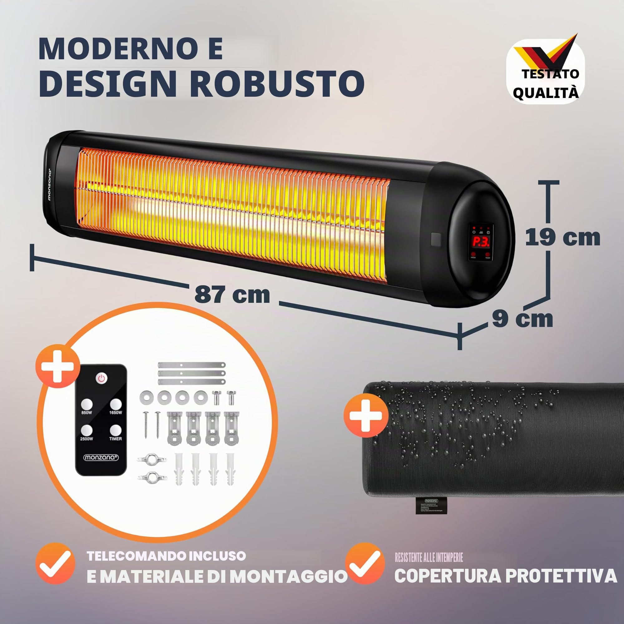 Monzana Stufa a Infrarossi 2500W a Parete 3 Livelli Calore Inclinabile 90° Telecomando Timer 24h