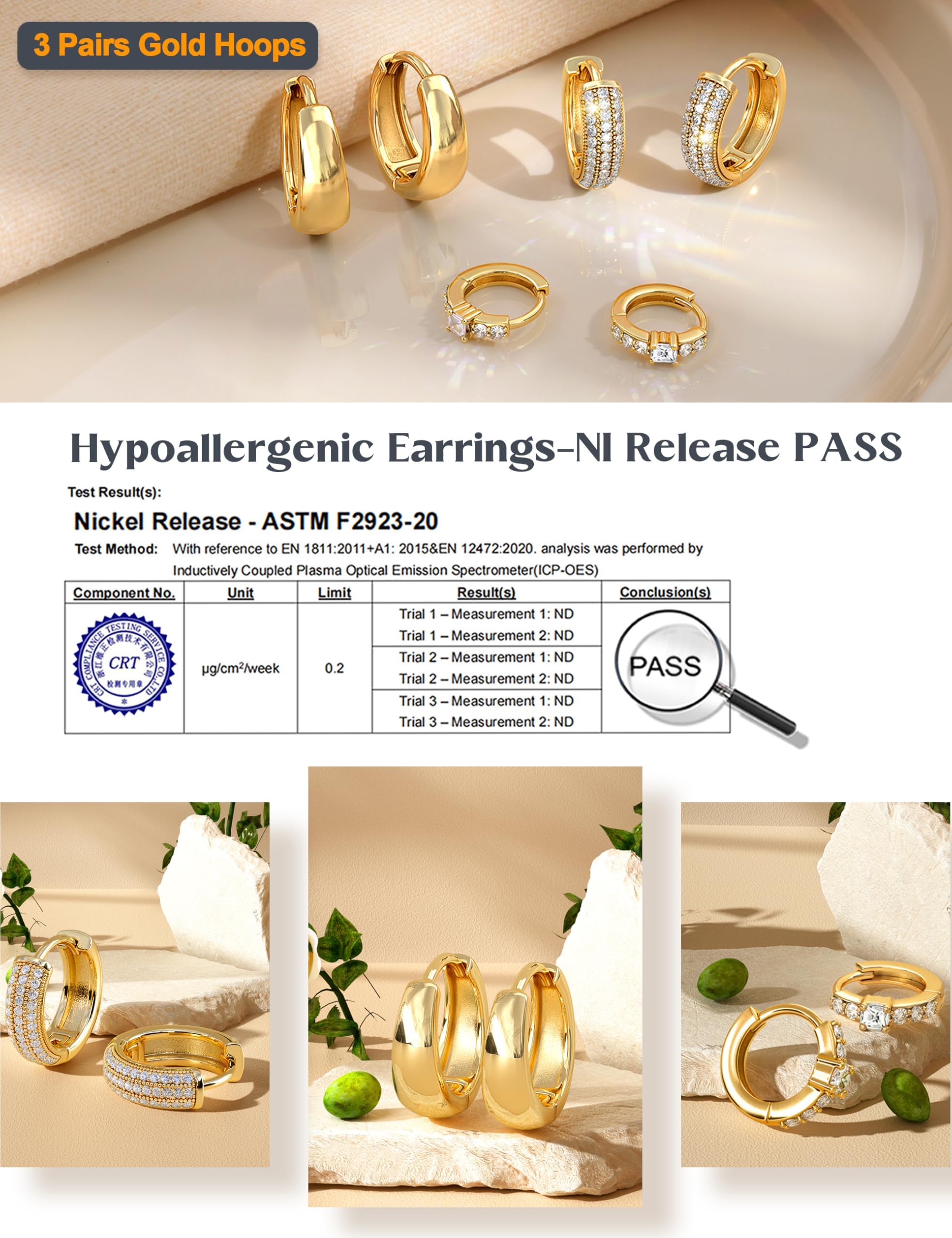 Chriscoco 3Paia Orecchini Cerchio Oro/Argento Set Anallergici Orecchini Donna Oro Placcato 14K Orecchino a Cerchio Piccoli per Fori Multipli