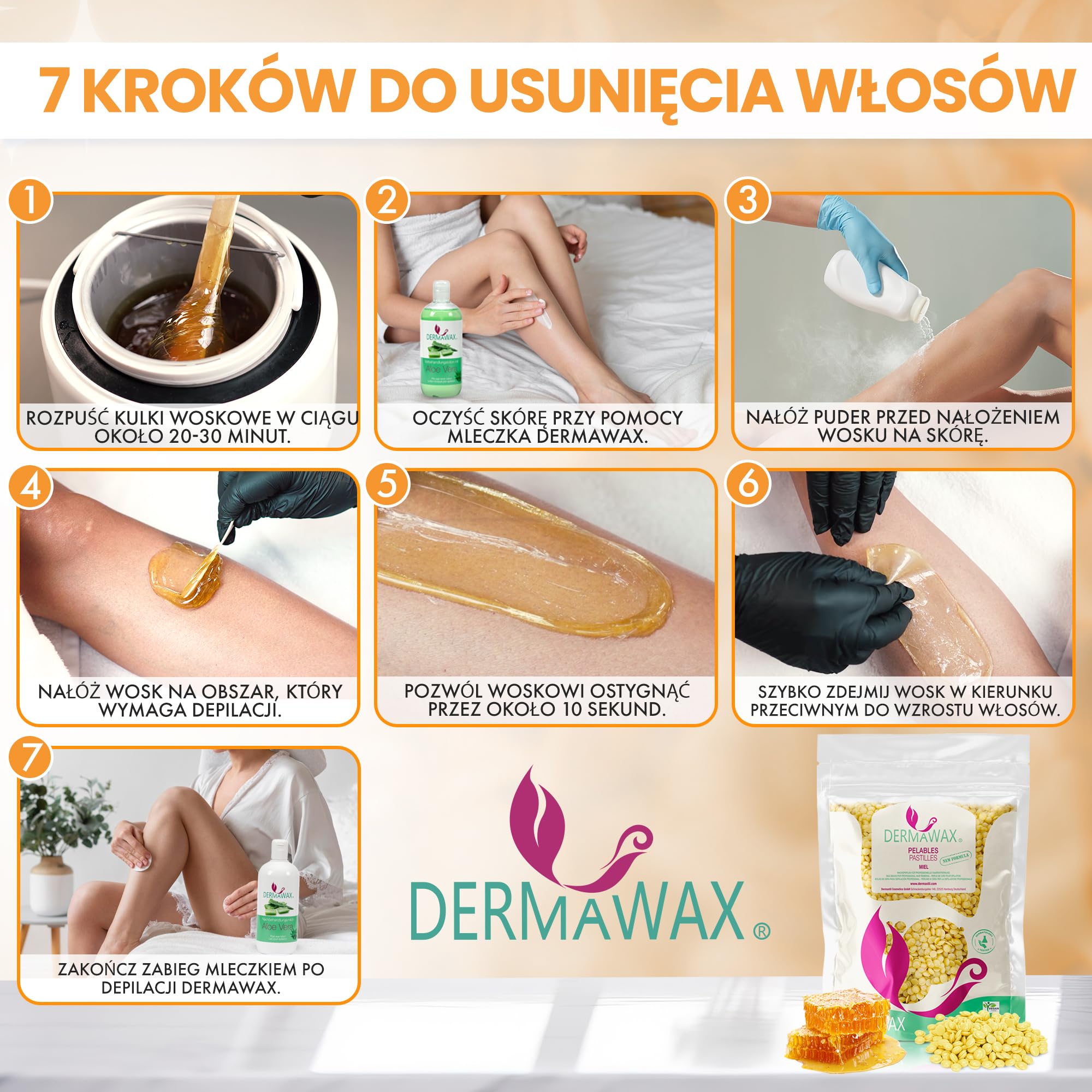 Wosk naturalny miód, wosk filmowy, perły woskowe premium, bez pasków woskowych, do depilacji, depilacji, depilacji całego ciała, nóg, twarzy i ramion