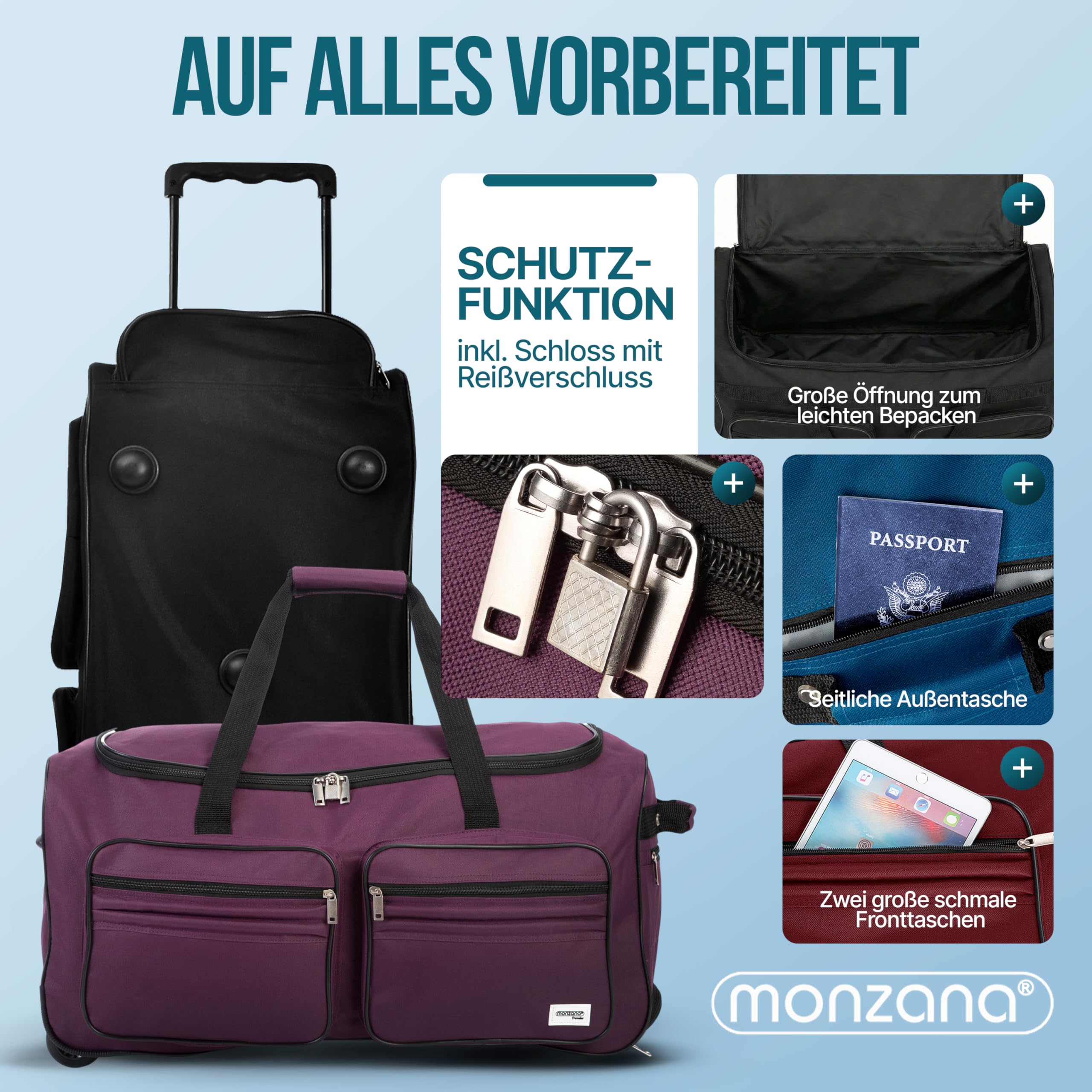 DEUBA Reisetasche | mit Trolleyfunktion | Rollen mit Kugellager | Teleskopgriff | abschließbar -【Farb-und Größenauswahl】 Sporttasche Reisetrolley Gepäcktasche, Schwarz, 85L = 70 x 36 x 34 cm (LxBxH)
