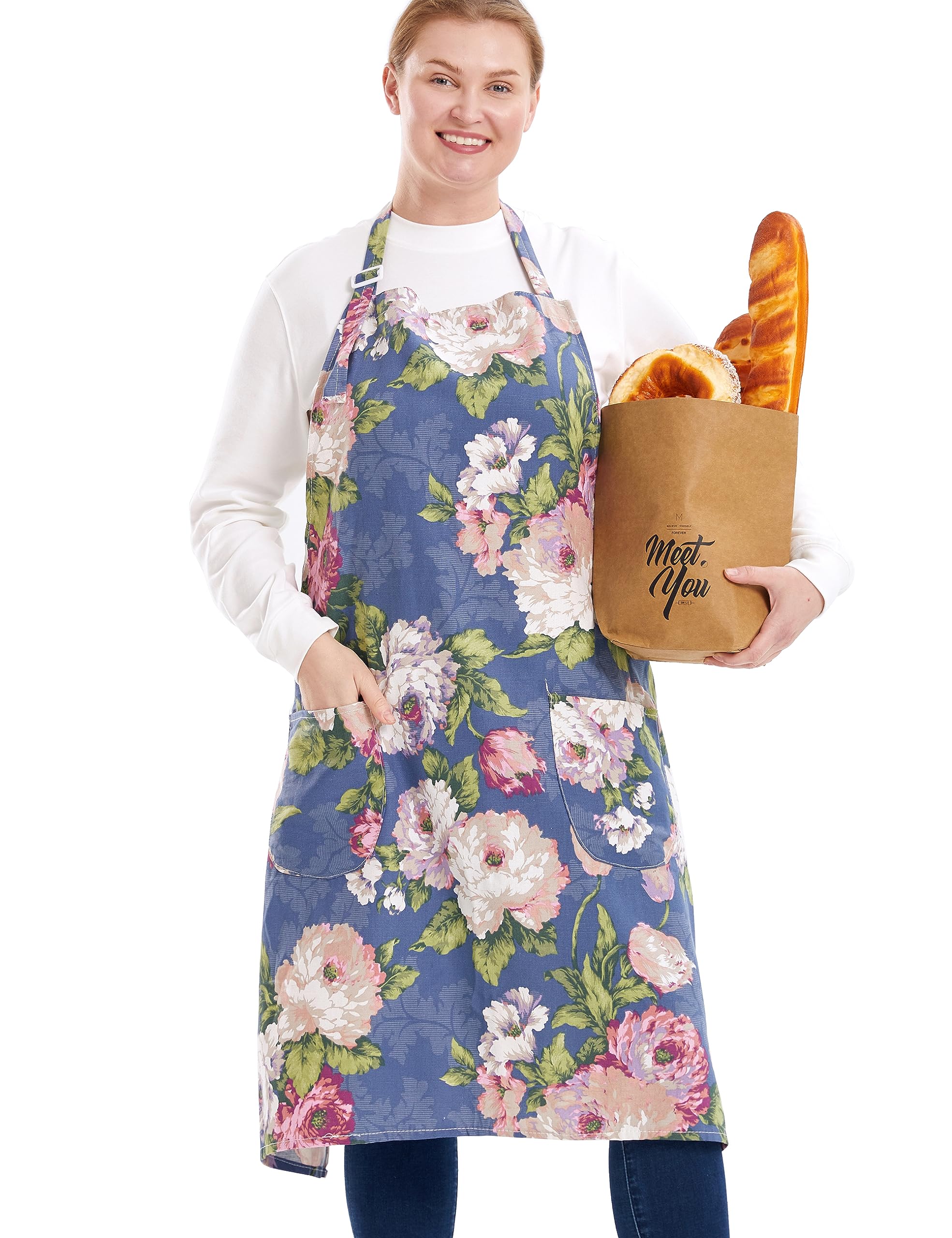Cotton Linen Baking Plus Size Aprons for Women with Pockets Kitchen Cooking, Colorful Peonies, 2X/3X