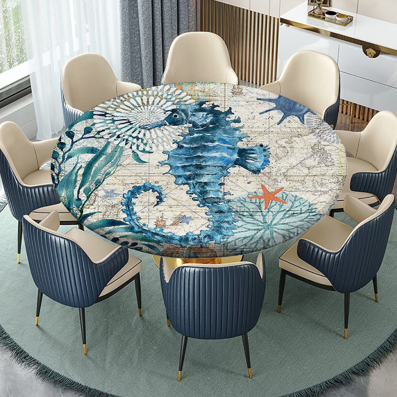 Ocean Sea Horse Theme Round Fitted Tablecloth Blue Green Octopuselastic Edge Table Cover, Polyester Table Pad Cloth for Indoor Outdoor Party Dinner Patio Decor Fits Tables Up to 32