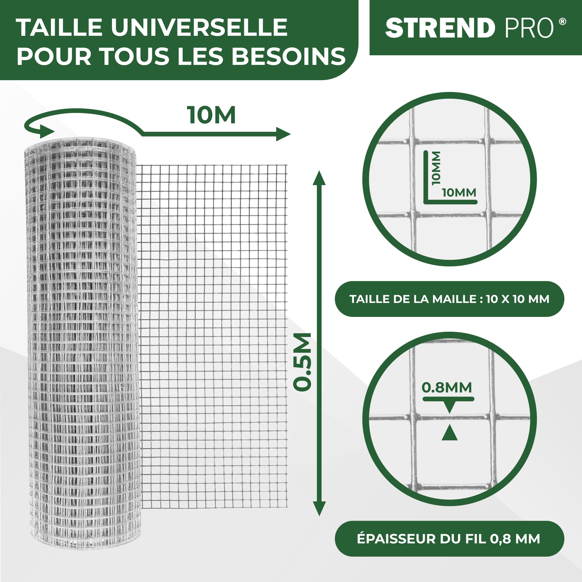STREND PRO Grillage Métallique | Soudé - Galvanisé | 0.5 m x 10 m | 0,8 mm, 10x 10 mm | Grillage Anti-Campagnols, Lapins, Lièvres, Volières | Grillage Lapins, Poulailler