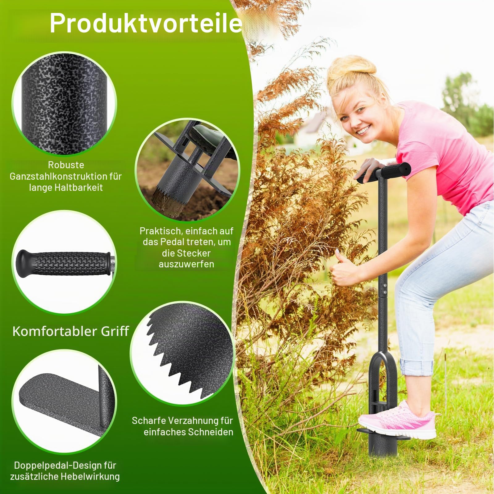 Dolibest Blumenzwiebel Pflanzwerkzeug, 85cm Zwiebelpflanzer Tulpen Narzissen Rasenlocher Ausstecher 9cm Tiefe Einpflanzhilfe Scharfe Verzahnung mit Auslöseautomatik für Verdichtete Erde
