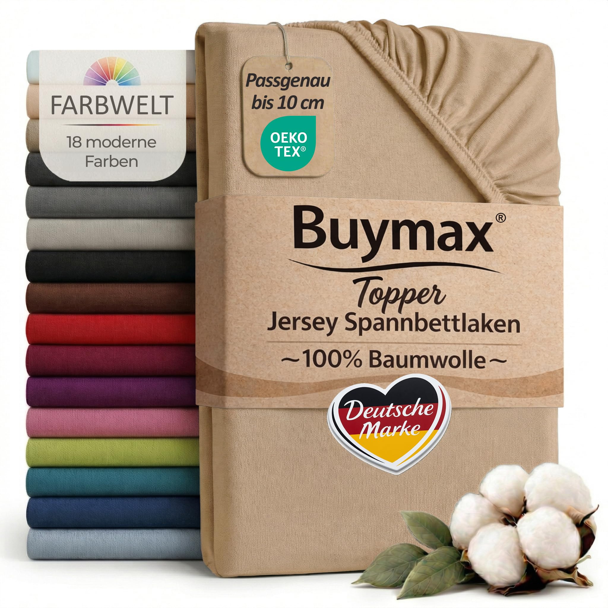 Buymax Jersey Topper Spannbettlaken aus 100% Baumwolle – Spannbetttuch für Topper bis 10 cm Höhe (18 cm Steg), atmungsaktiv, elastisch, Oeko-TEX