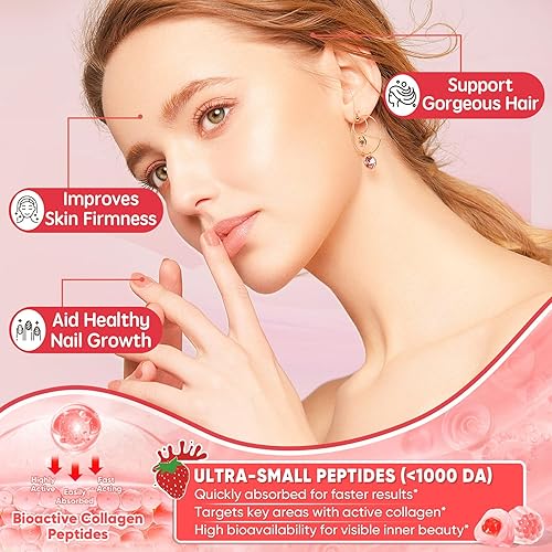 Miniatura 4 de Gomitas rellenas de péptido de colágeno hidrolizado sin azúcar, extra fuerte 1500 mg de proteína tipo I, II, III, V, X con 5000 mcg de biotina