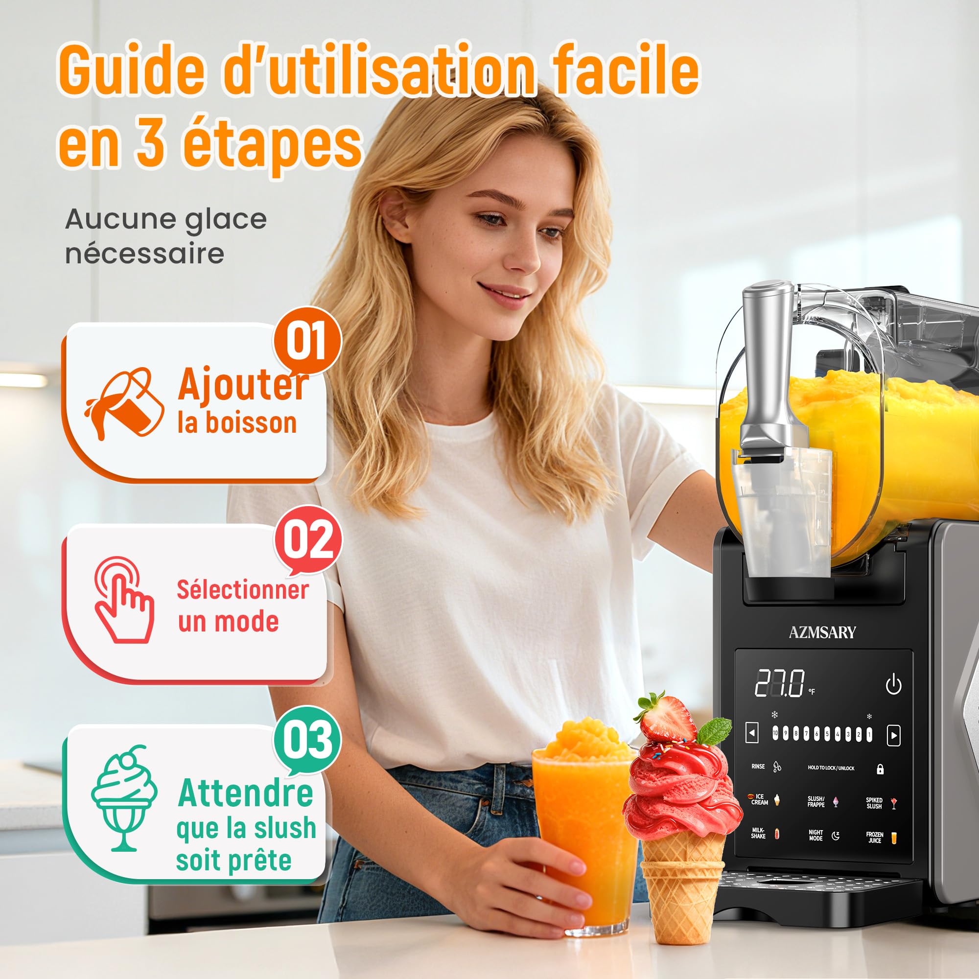 Machine à granita – 2,5 L slushie pour la maison, avec écran LED, 6 programmes préréglés pour crème glacée, margaritas, frappés, milkshakes, nettoyage automatique, sans glace (Black)