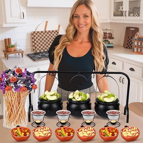 15 piezas de decoración de fiesta de Halloween, juego de barra de inmersión de manzana caramelo para bricolaje, 3 caldero de brujas en estante, 4