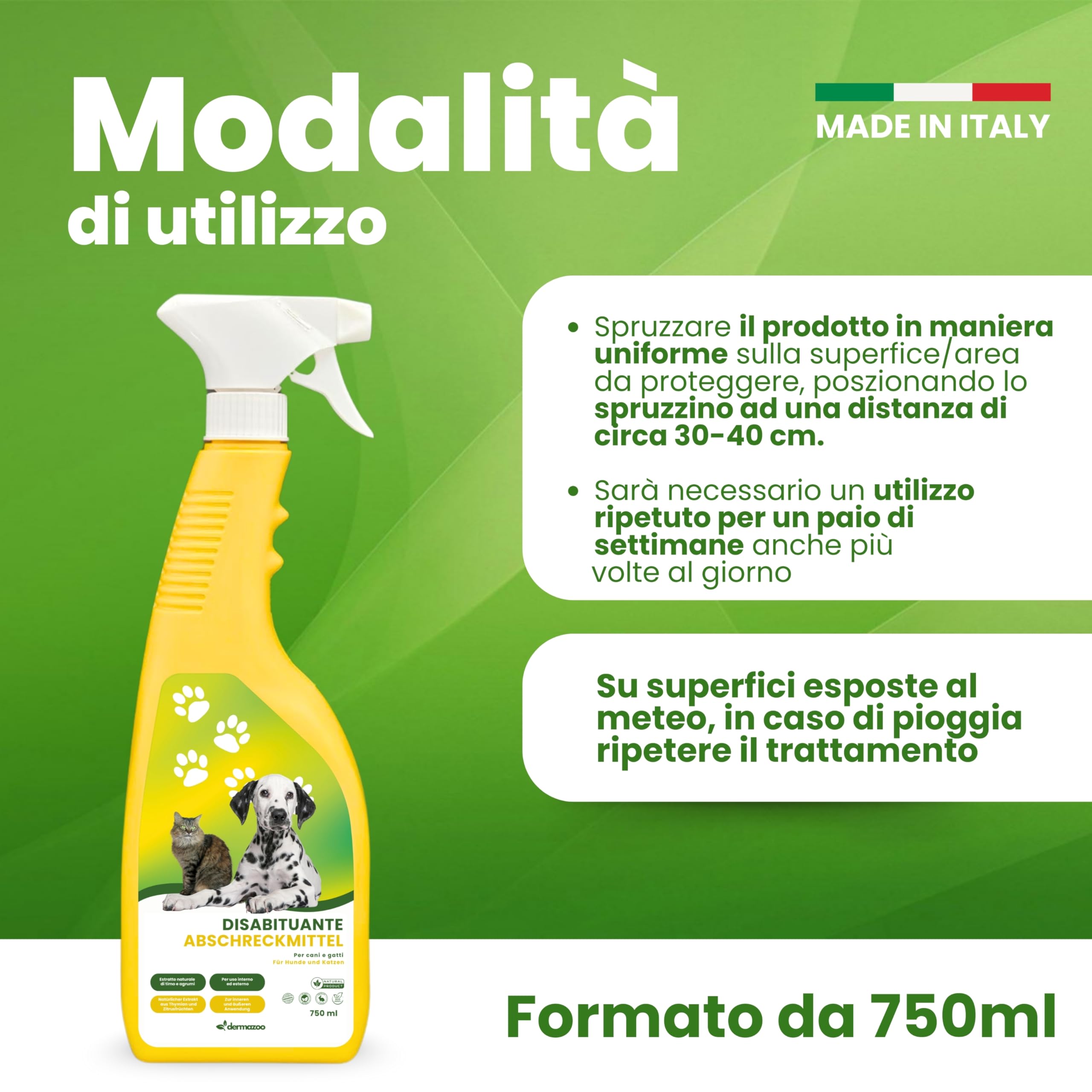 Dermazoo Spray Repellente per Gatti da Esterno e Interno 750ml, Disabituante Gatti, Disabituante per Cani, Spray Addestrativo Anti Pipi Cani, Casa e Giardino