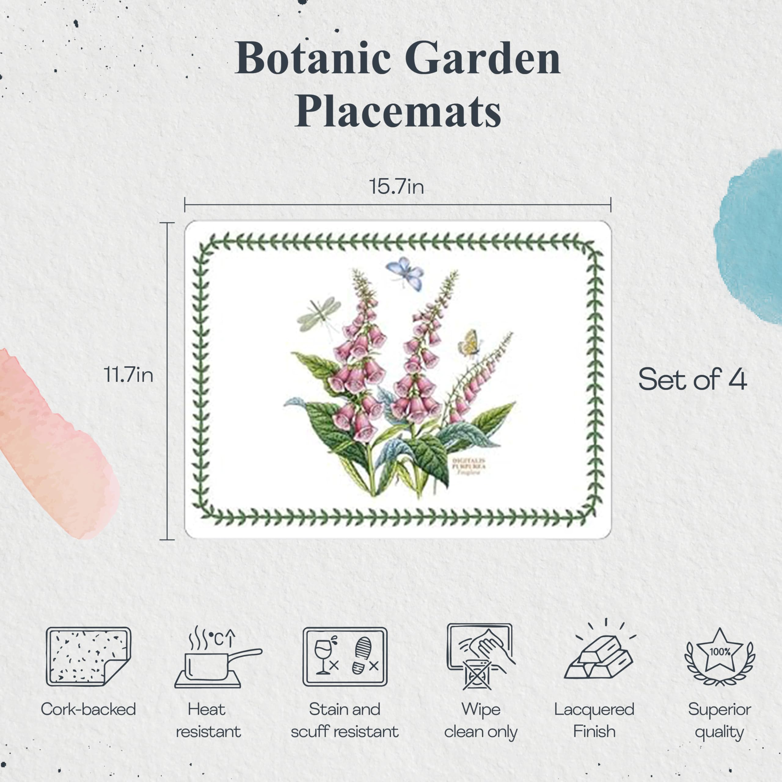Pimpernel Botanic Garden - Set di 4 tovagliette per tavolo da pranzo in truciolato, con retro in sughero, resistenti al calore, resistenti alle macchie (40 x 29,7 cm), stoviglie uniche per occasioni