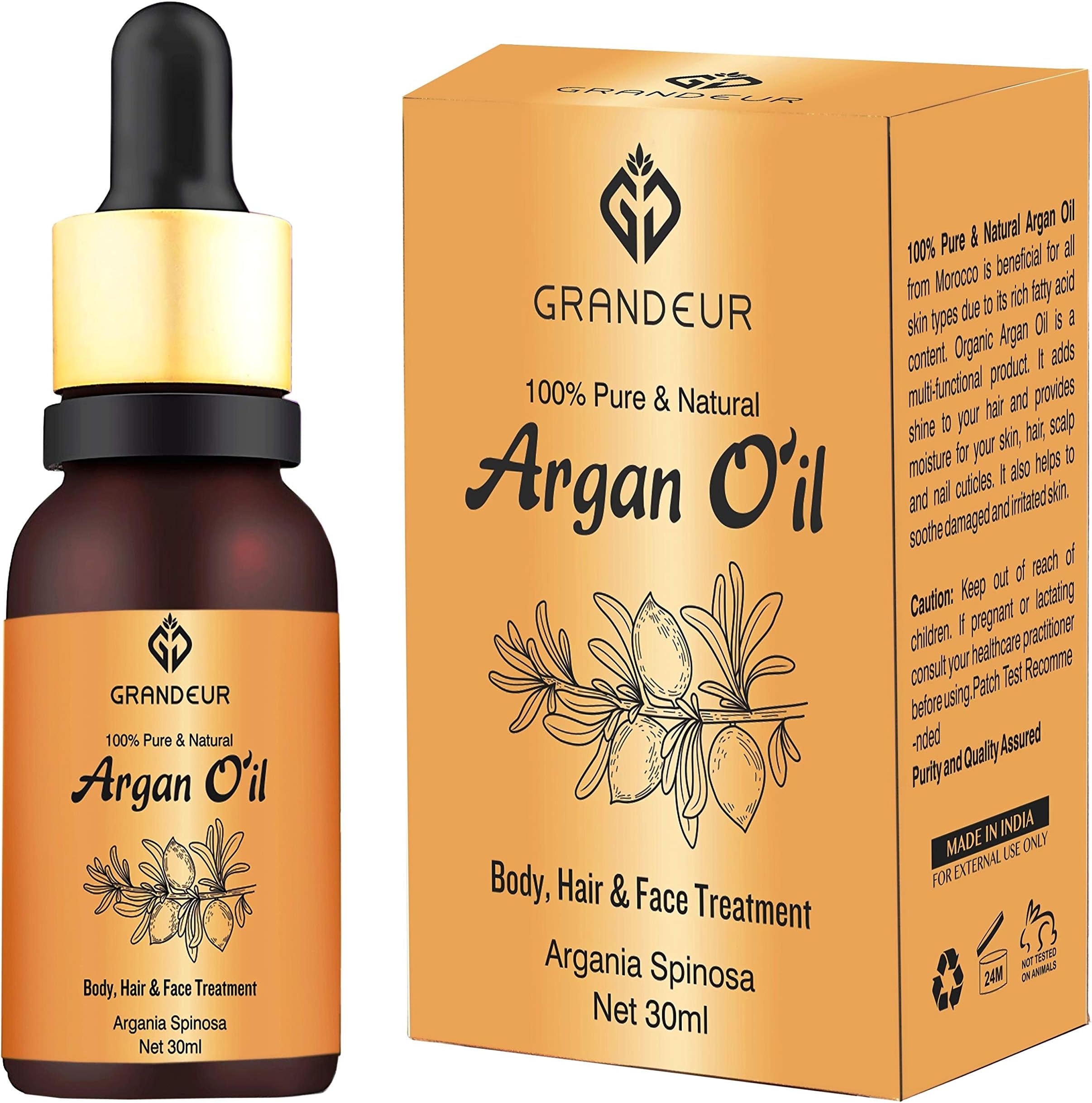 Grandeur 100% Pure And Natural Moroccan Argan Oil 30ml, for Dry and Coarse Hair & Skin care- 30mL | Hair Fall Control | Hair Growth|