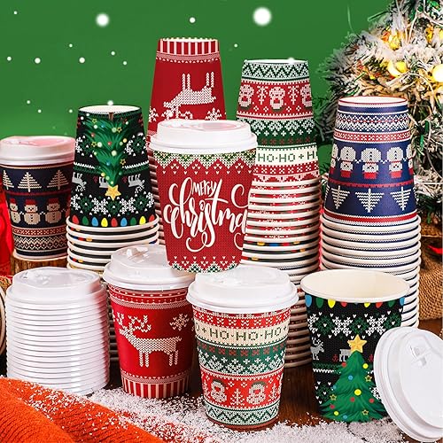 Gerrii 100 vasos de papel de Navidad desechables de 12 onzas con tapas, tazas de chocolate caliente, tazas de café, tazas calientes de vacaciones