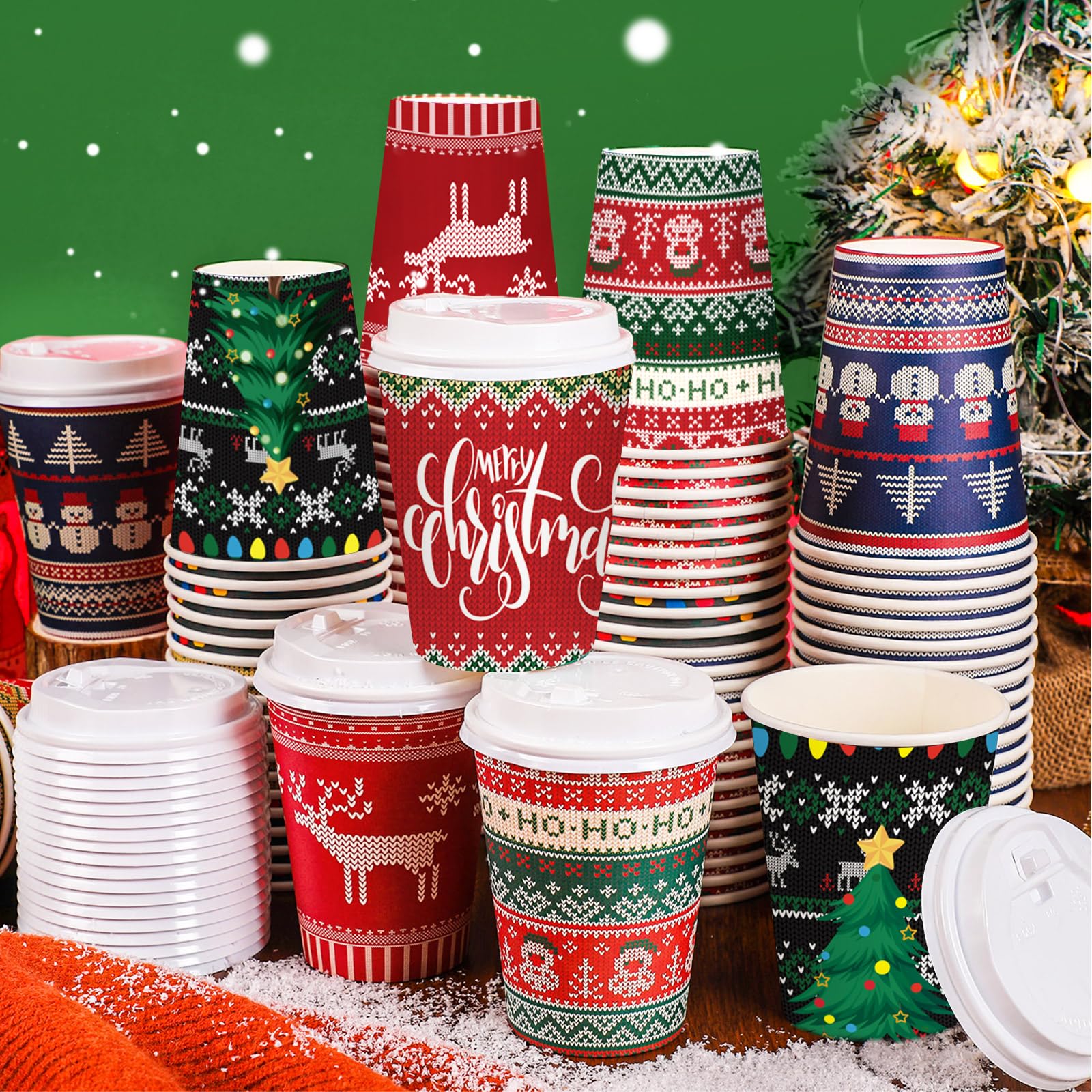 Gerrii 100 Set Christmas Paper Cups Disposable 12 oz with Lids Hot Chocolate Cups Coffee Cups Holiday Hot Cups for Hot and Cold Drinks Tea Water Bar