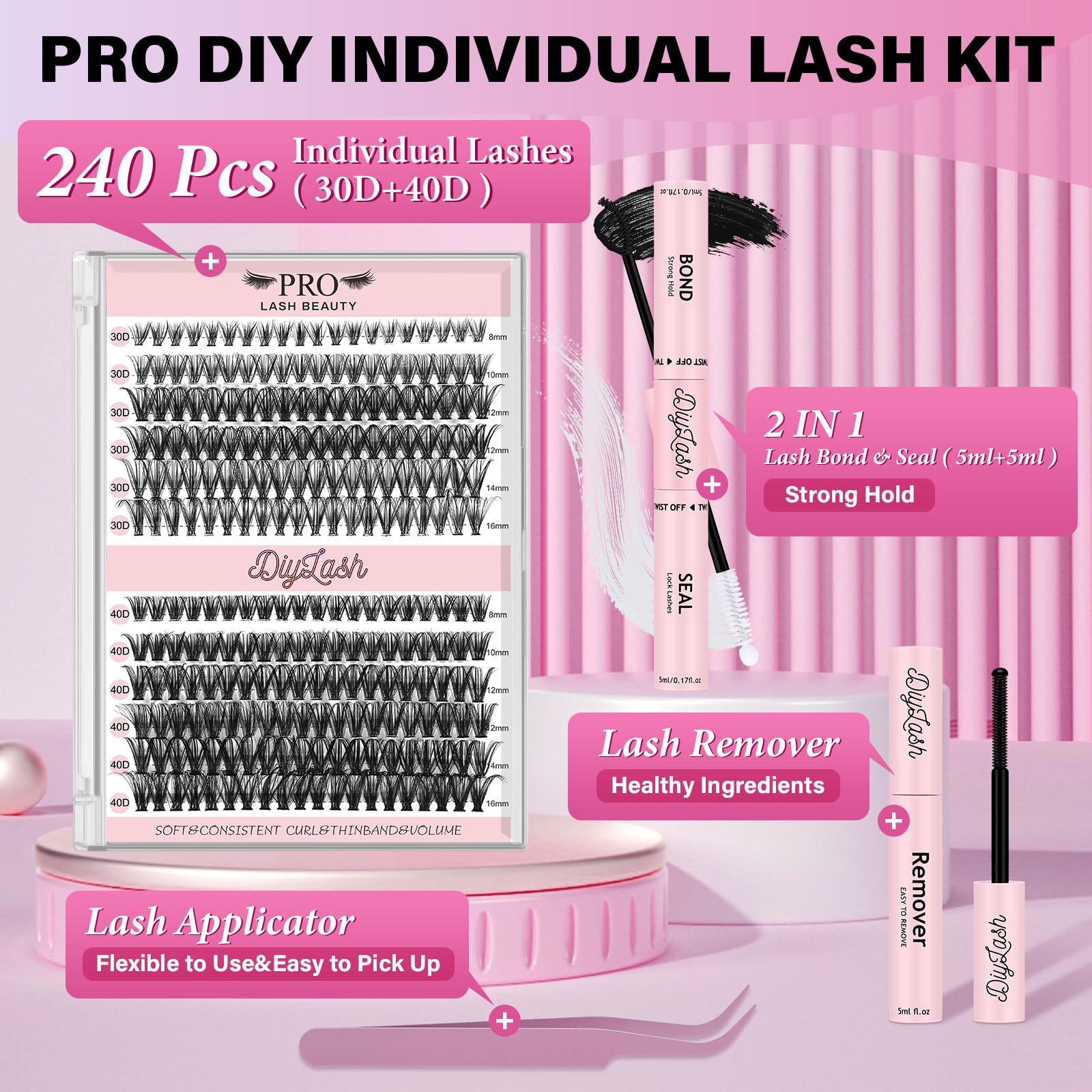PRO Cluster Lashes Kit Individual Eyelashes 30D+40D Eyelashes Individual Kit 8-16mm Cluster Lashes DIY Lash Extension Natural Eyelash Clusters with Lashes Bond and Seal Lash Tweezers - Image 2