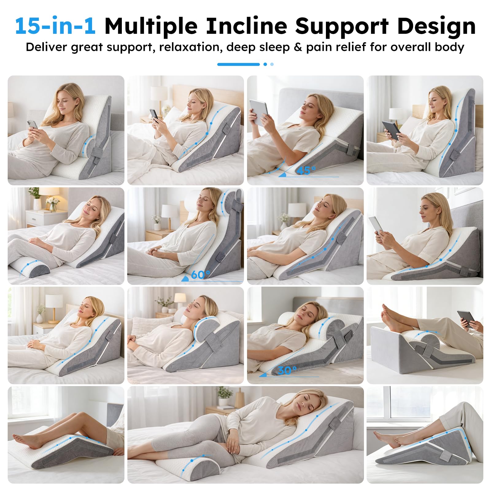 Cuscino a cuneo per dormire, in memory foam, con poggiatesta, inclinazione regolabile, cuscino triangolare rialzato per reflusso acido, sollievo dal mal di schiena, russare, supporto per gambe