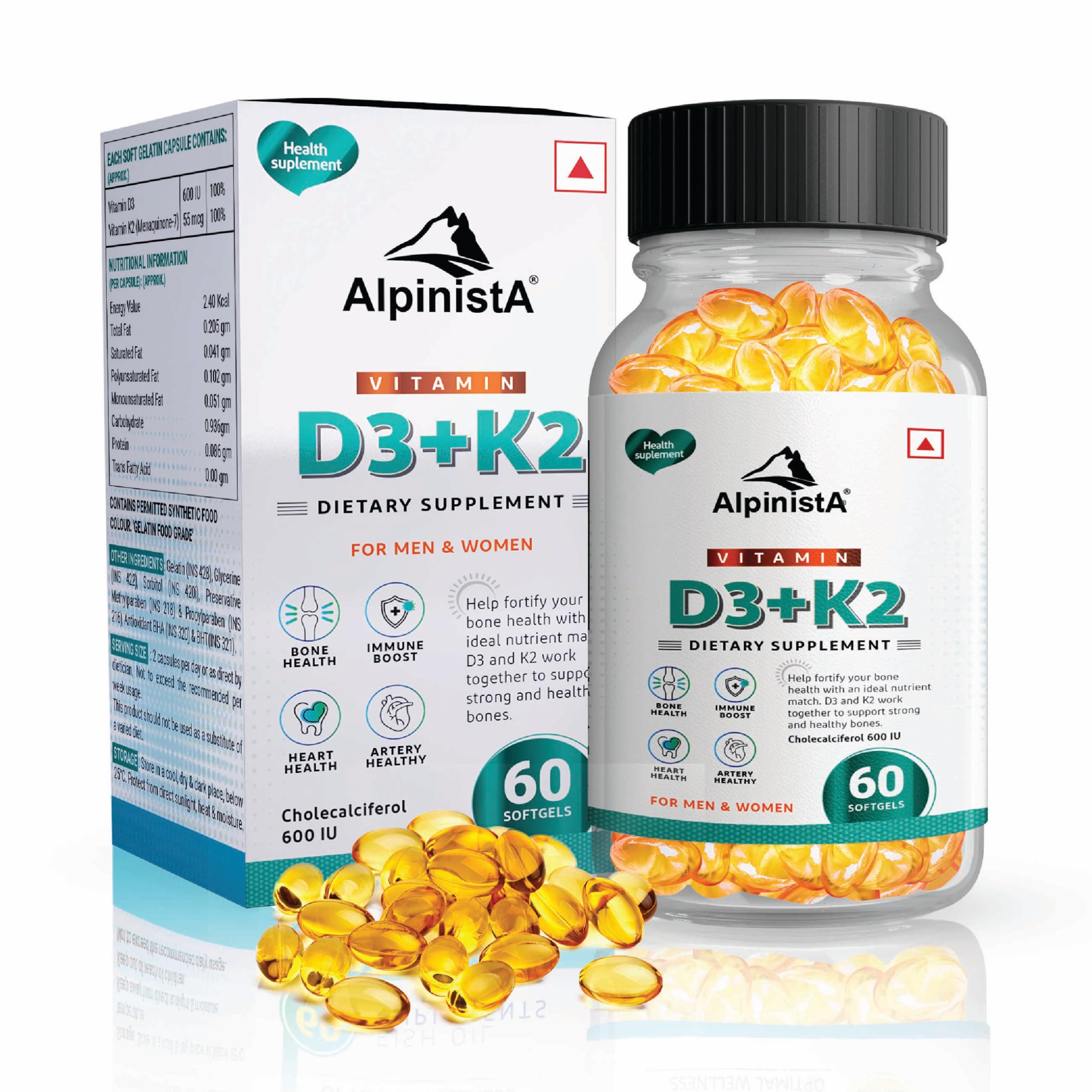 Alpinista Vitamin D3 K2 MK7 Menaquinone Supplement 120 Capsules, Bone Health & Immune Support | Calcium Absorption, Muscle Strength | Vitamin D Supplement for Men & Women 60 Capsules (Pack of 2)