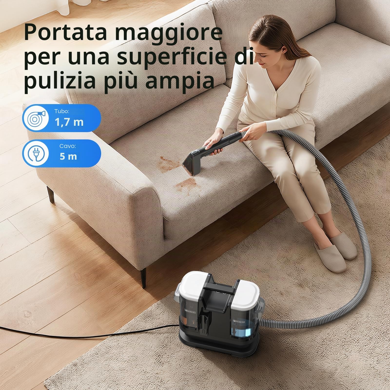 Lubluelu Aspirapolvere bagnato per tappezzeria, dispositivo 18 kPa, 1400 W, pulitore per tappeti, aspirapolvere con riscaldamento rapido a 35-60 °C e autopulente, pulitore portatile per tappeti