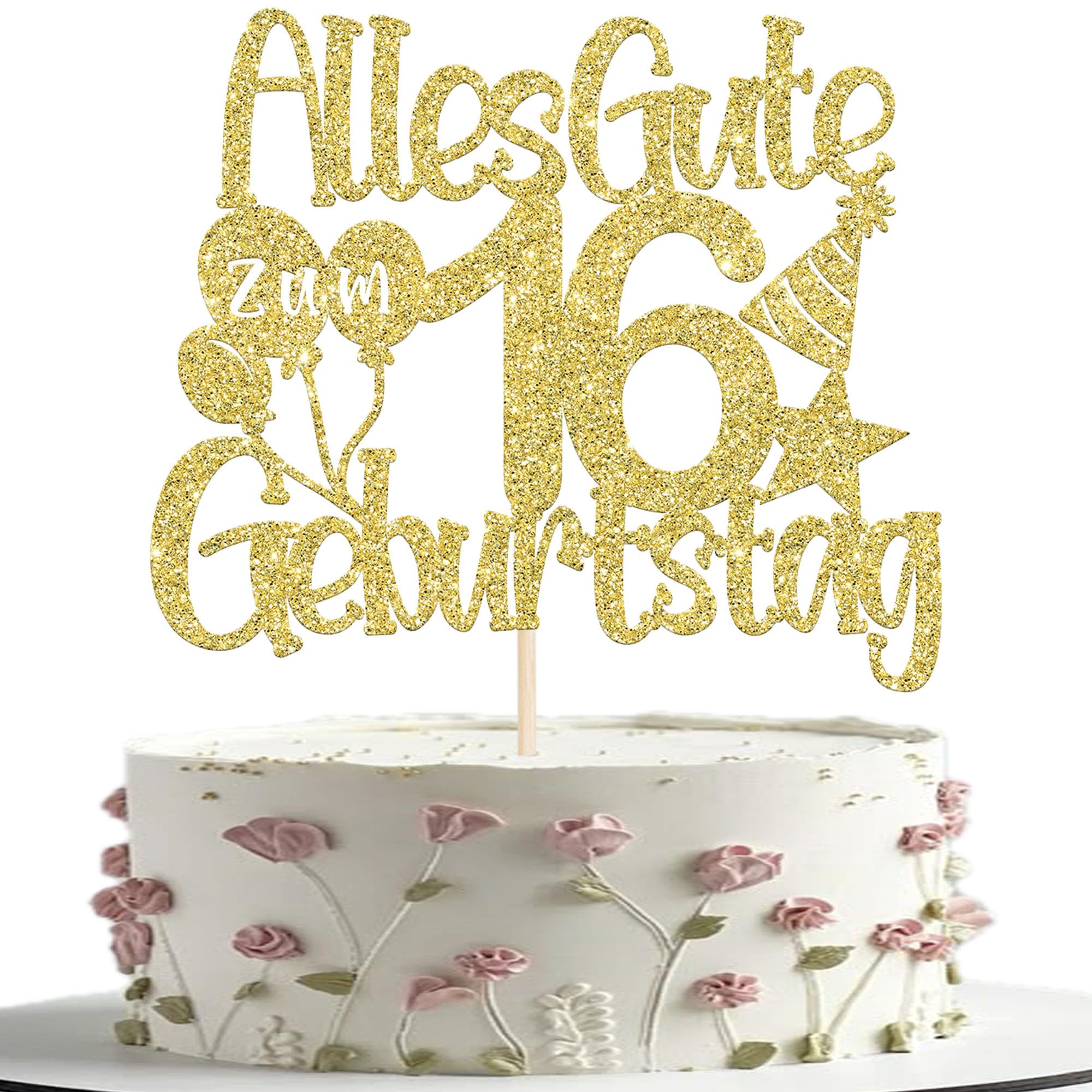 1 Stück 16th Geburtstag Tortendeko Alles Gute zum 16 Geburtstag Kuchen Deko Luftballon Hut Muster Cake Topper für Junge Mädchen 16th Party Kuchen Dekoration Gold