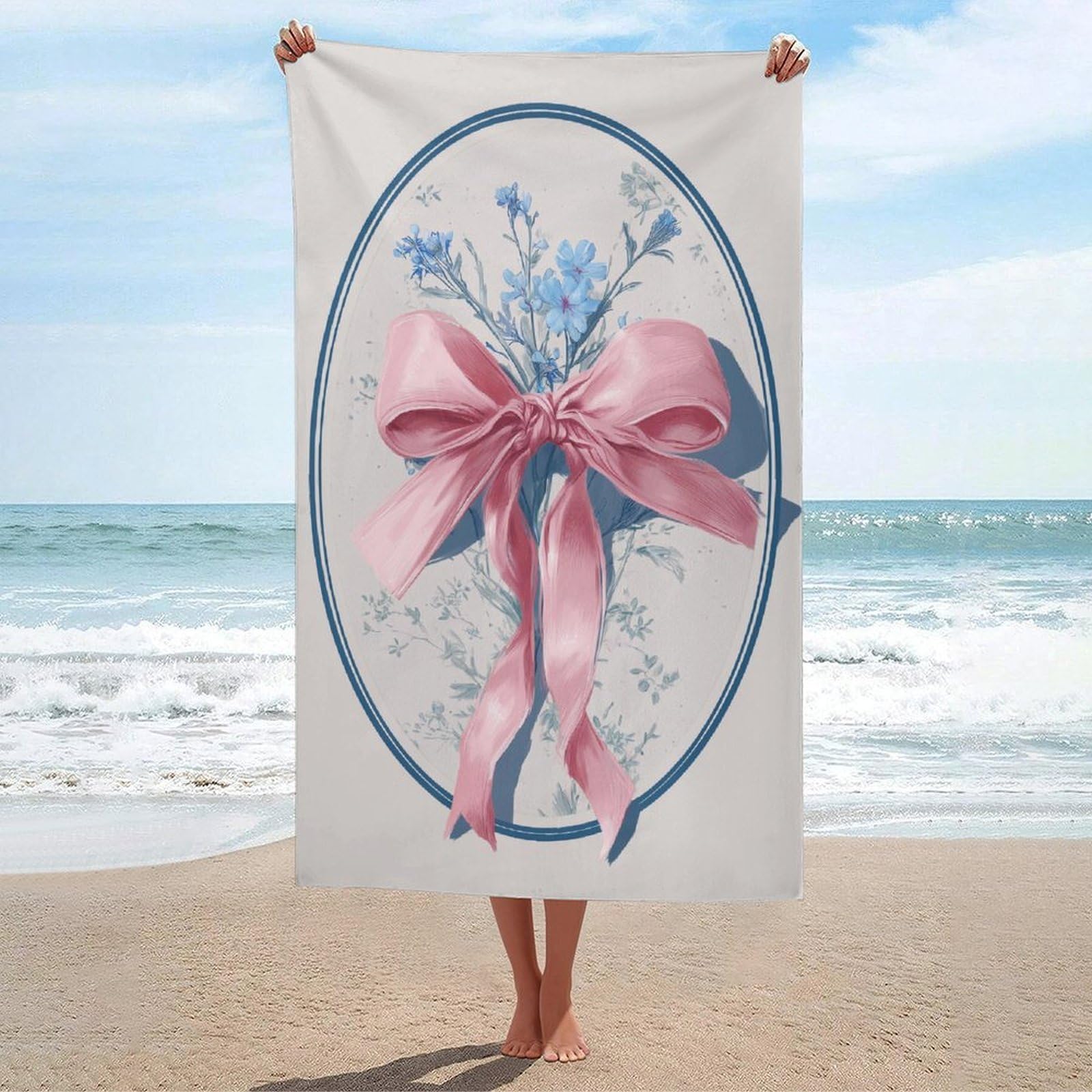 asbwuo Pink Bow with Blue Flowers in Oval Frame Beach Towel