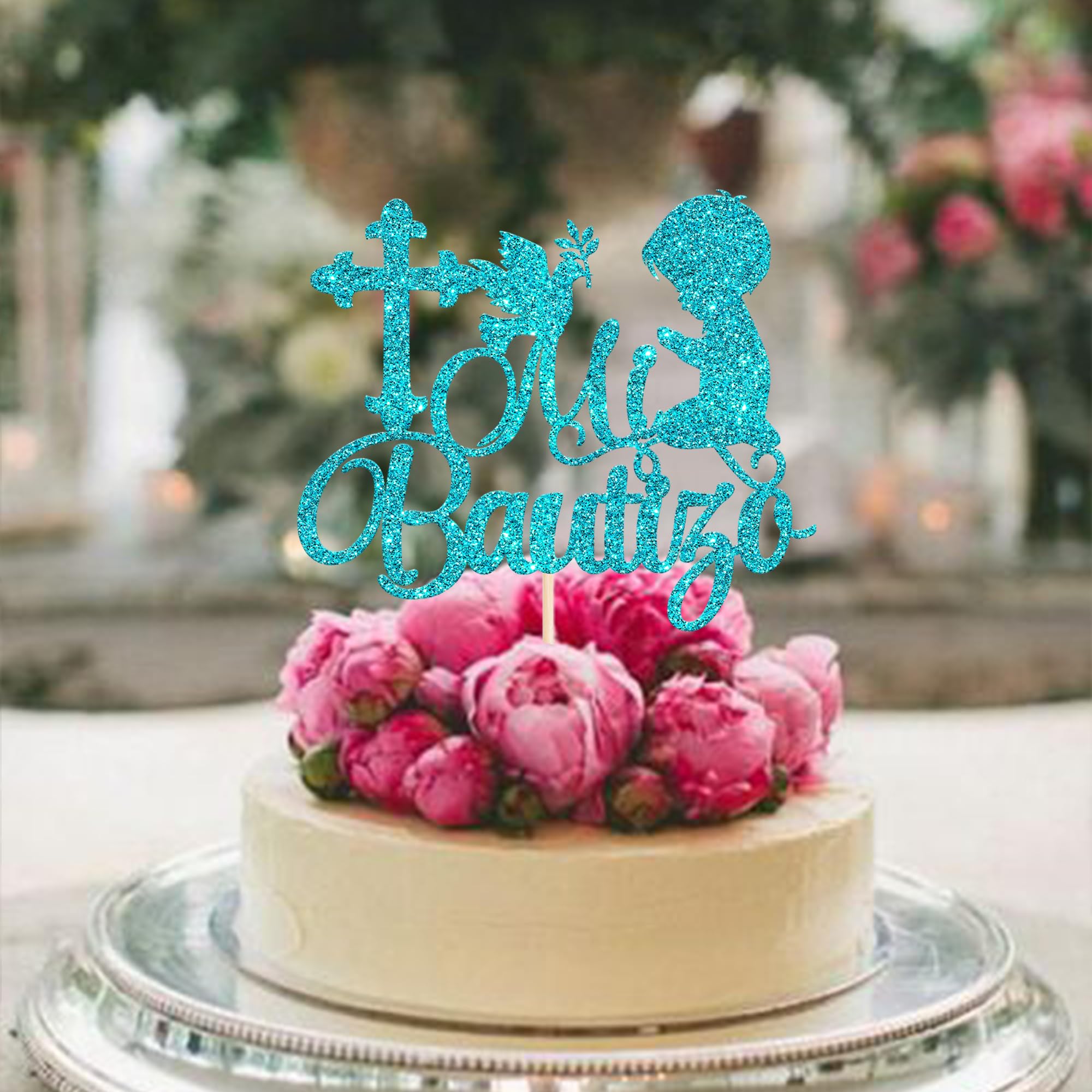 Xsstarmi 1 Pack Spanish Mi Bautizo Cake Topper First Holy Communion Baptism Cake Pick Decorations for Religious God Bless Boy Baptism Baby Shower Party Cake Decoration Blue - Image 3