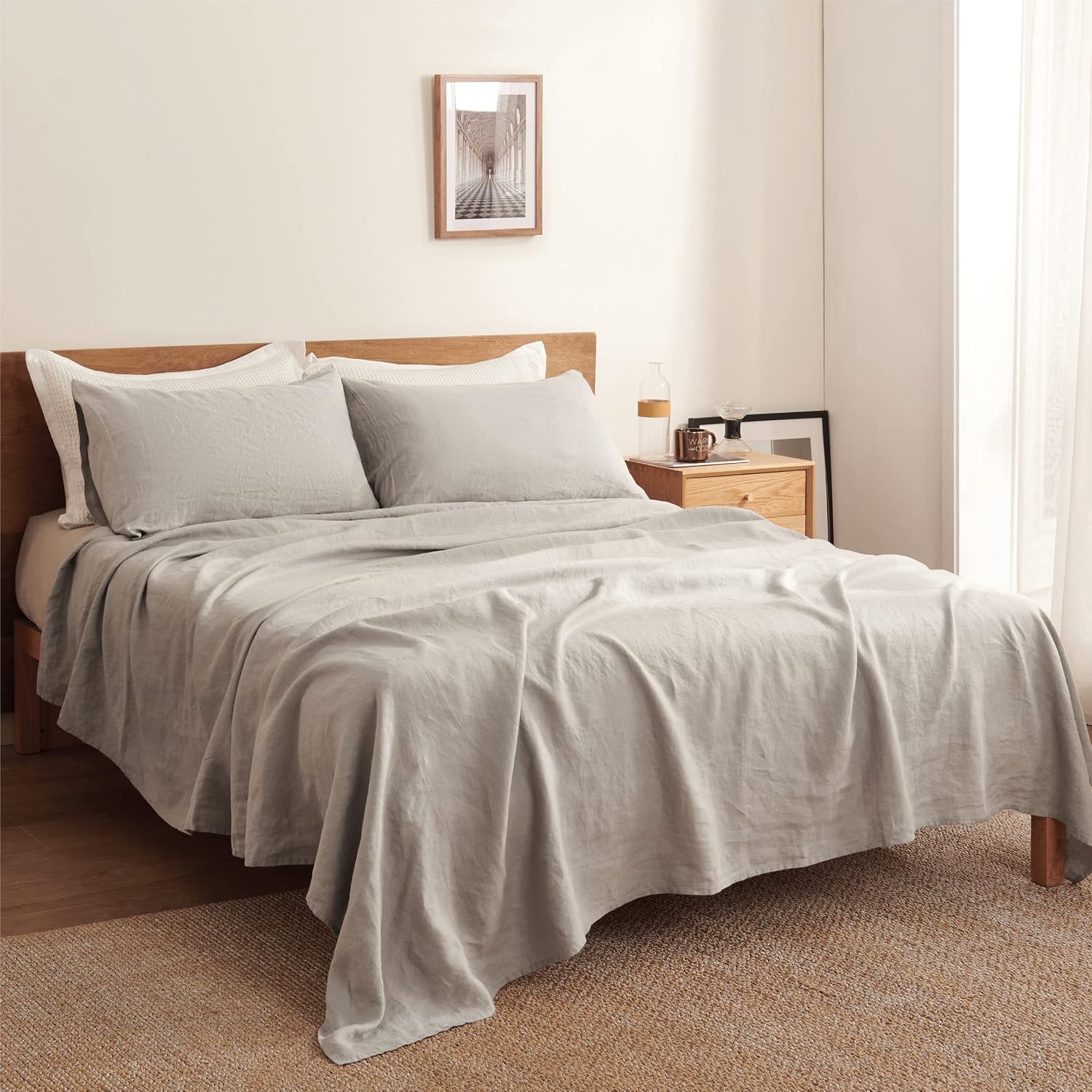 Bedsure Linen Sheets Set King Size - 100% Linen Bed Sheets Deep Pocket Sheets, Breathable Bedding Set, Washed French Linen Sheet (Natural, 108"x102")
