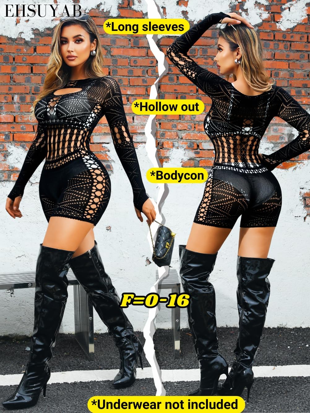 Women Fishnet Bodysuit Club Rave Outfits, Sheer Cutout Long Sleeve Sexy Romper, Going Out Party Dancer Lace Jumpsuit - Image 3