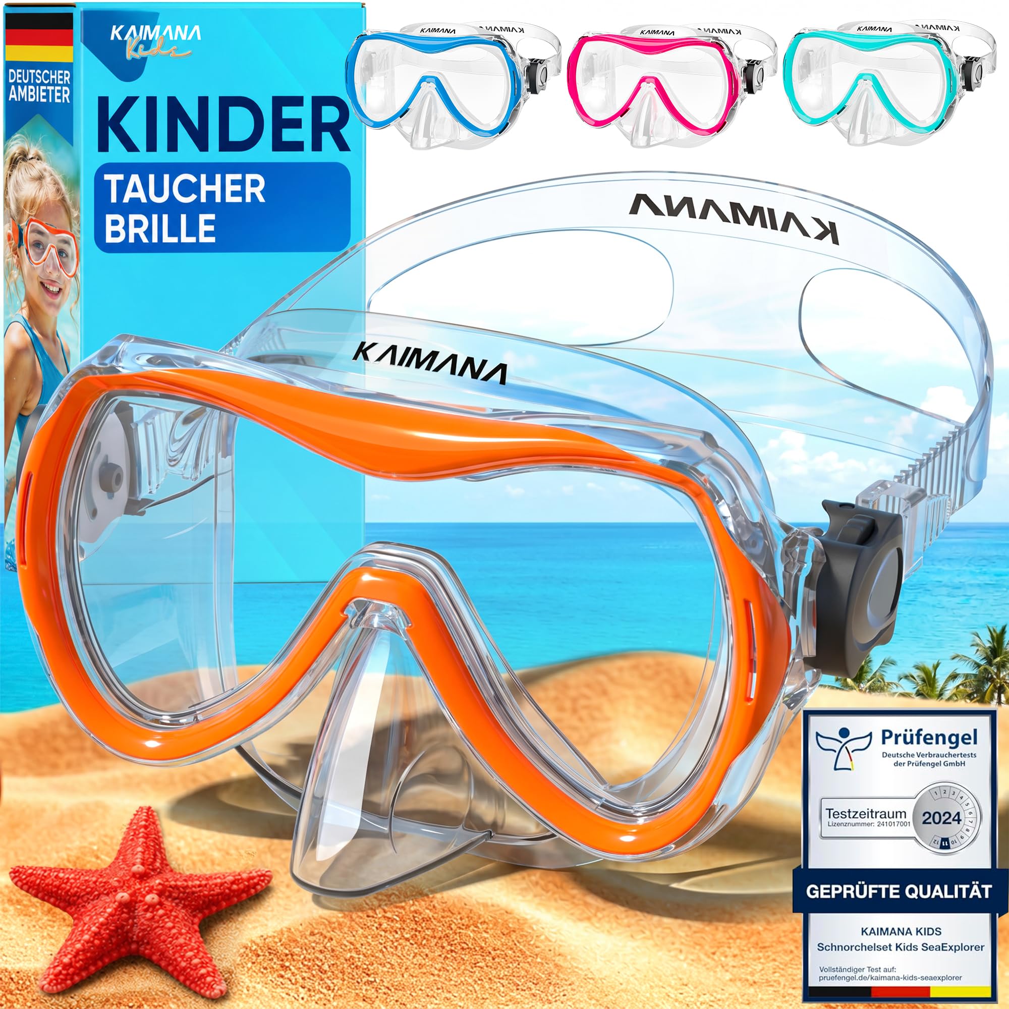 Kaimana® Taucherbrille Kinder inkl. gratis Tragetasche | ab 3 Jahre | extra Bequeme Taucherbrille mit Stoff- / Silikonband | Kinder Schwimmbrille mit Nasenschutz