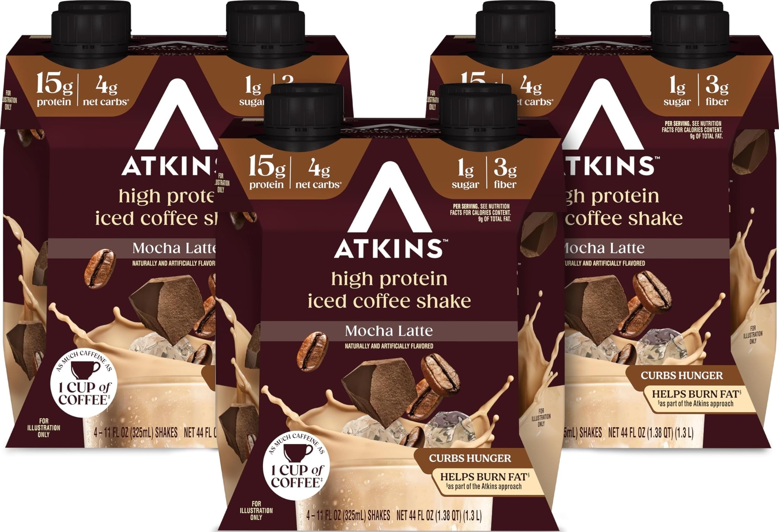 Atkins Mocha Latte Iced Coffee Flavored High Protein Shake, 12 Count | 15g Protein, 4g Net Carbs, 1g Sugar, 3g Fiber, Contains Caffeine, Ready to Drink, 11fl oz, 3 Pack of 4 Count Shakes