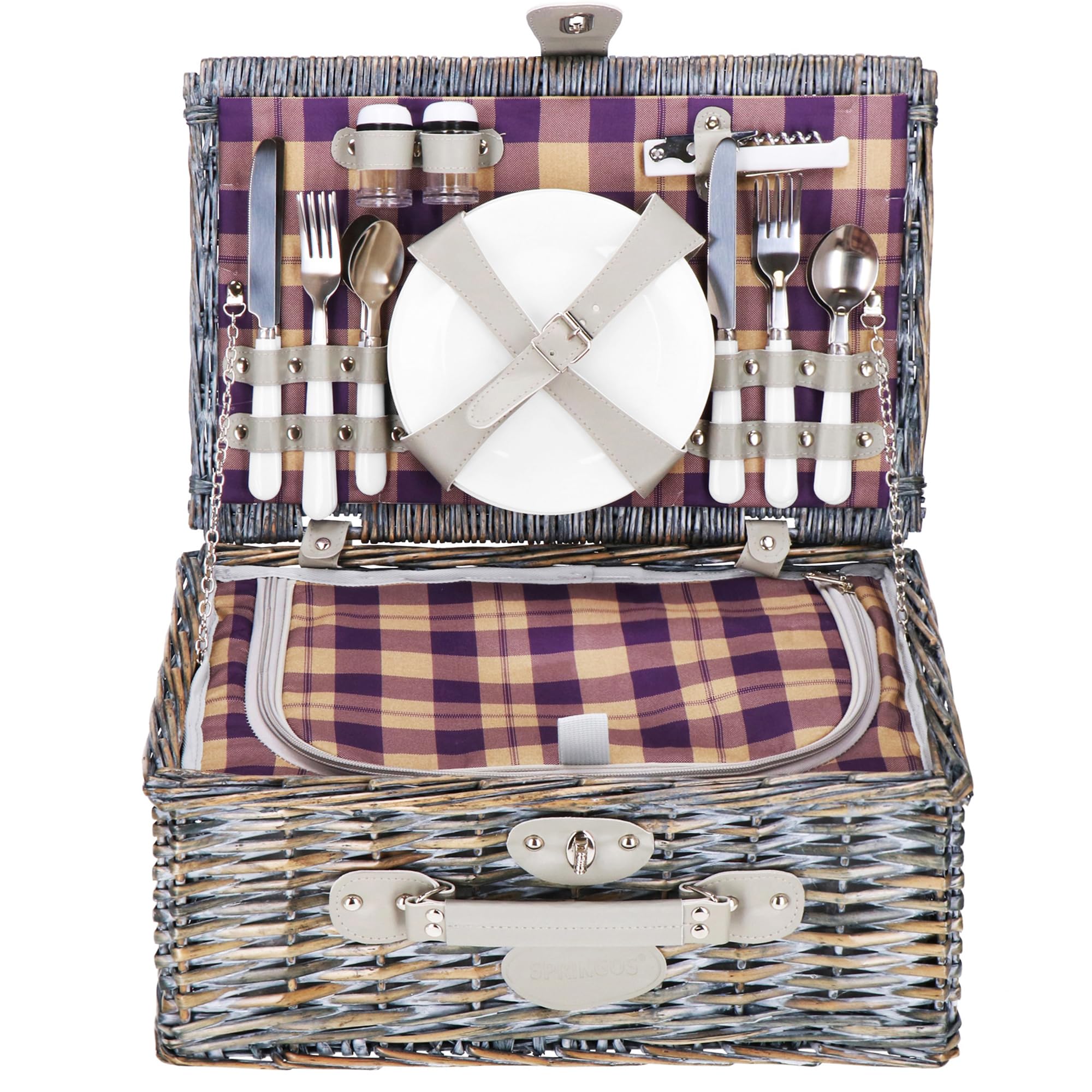 SPRINGOS Weiden - Picknickkorb Thermokorb Picknickkoffer mit Kunstlederhenkel Geschirr Set für 4 Personen Komplettset 23-teilig Korkenzieher Salz und Pfefferstreuer Gläser