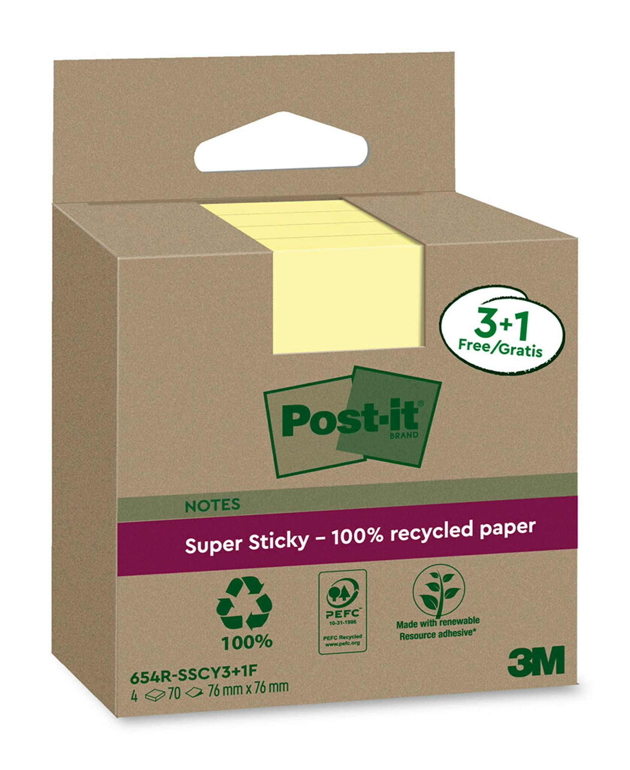 Post-it Notes Super Sticky, Papier Recyclé, 3 + 1 Bloc GRATUIT, 76 x 76 mm