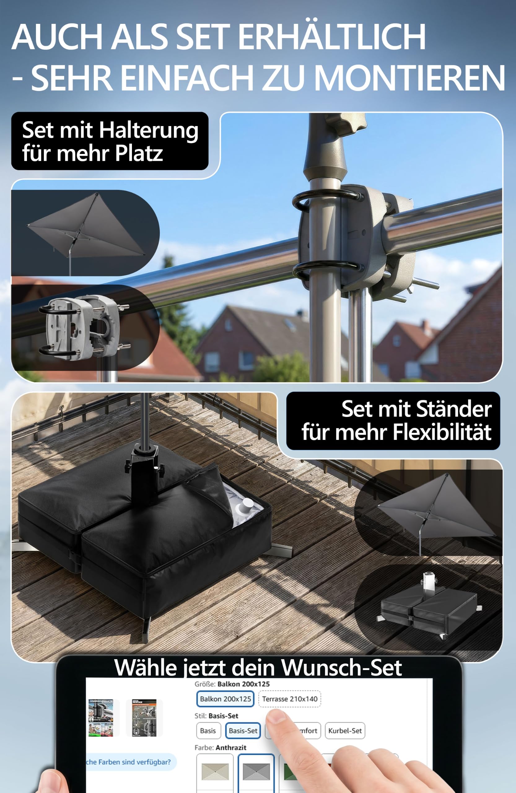 4smile Sonnenschirm Balkon 200 × 125 cm, Sonnenschirm rechteckig mit UPF 50+, 45° knickbar & höhenverstellbar, für Sonnenschutz Balkon mit Sonnenschirmhülle, Balkonschirm in Anthrazit