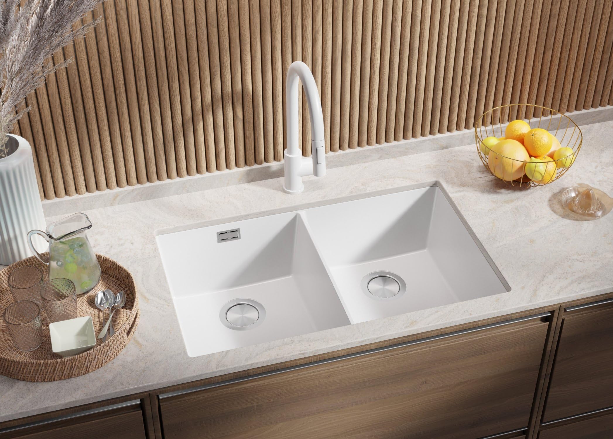 PRIMAGRAN Fregadero bajo Encimera Todo Blanco 76x47cm, Granito 2 Senos + Grifo 40x20cm + Sifón, Cocina al Mueble 80cm - London Twin S022