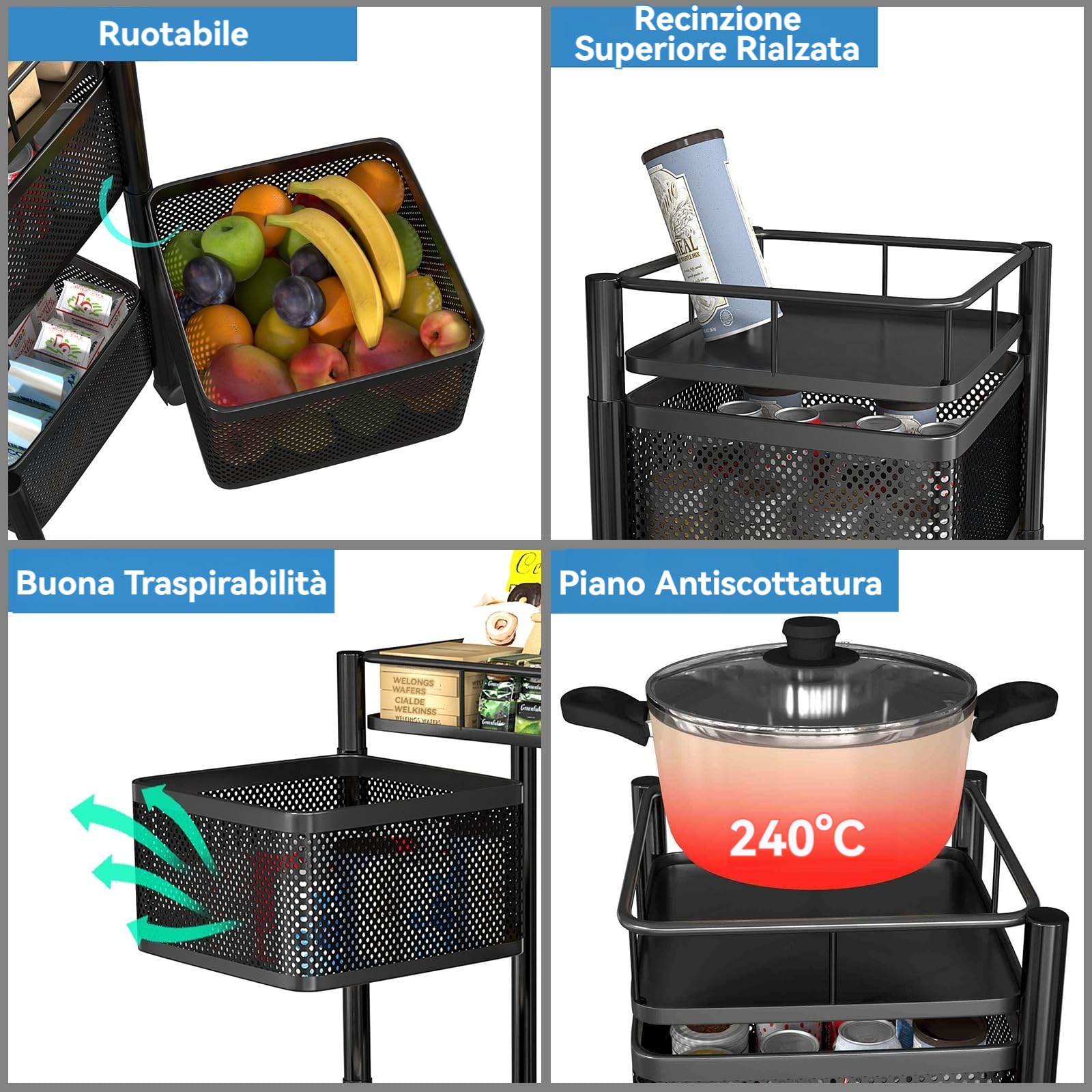 Carrello Da Cucina Con Ruote Con Piano Di Lavoro In Legno Massiccio Cassetto Ripiani Portacondimenti E Cestino Basculante Divit A750143 0