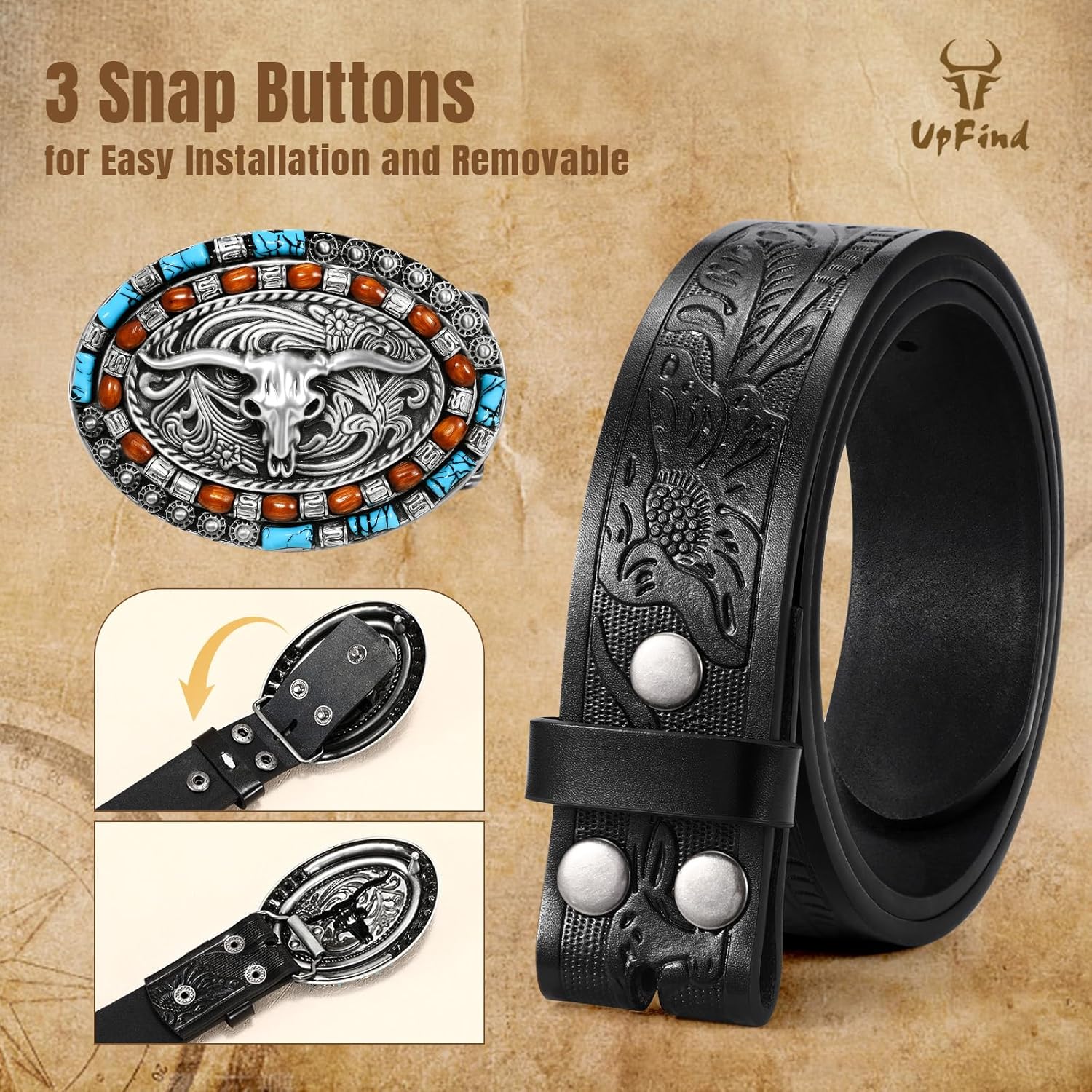 Western Genuine Leather Belt Cowboy Belt with Turquoise Oval Buckle for Men Women Jeans - Image 5