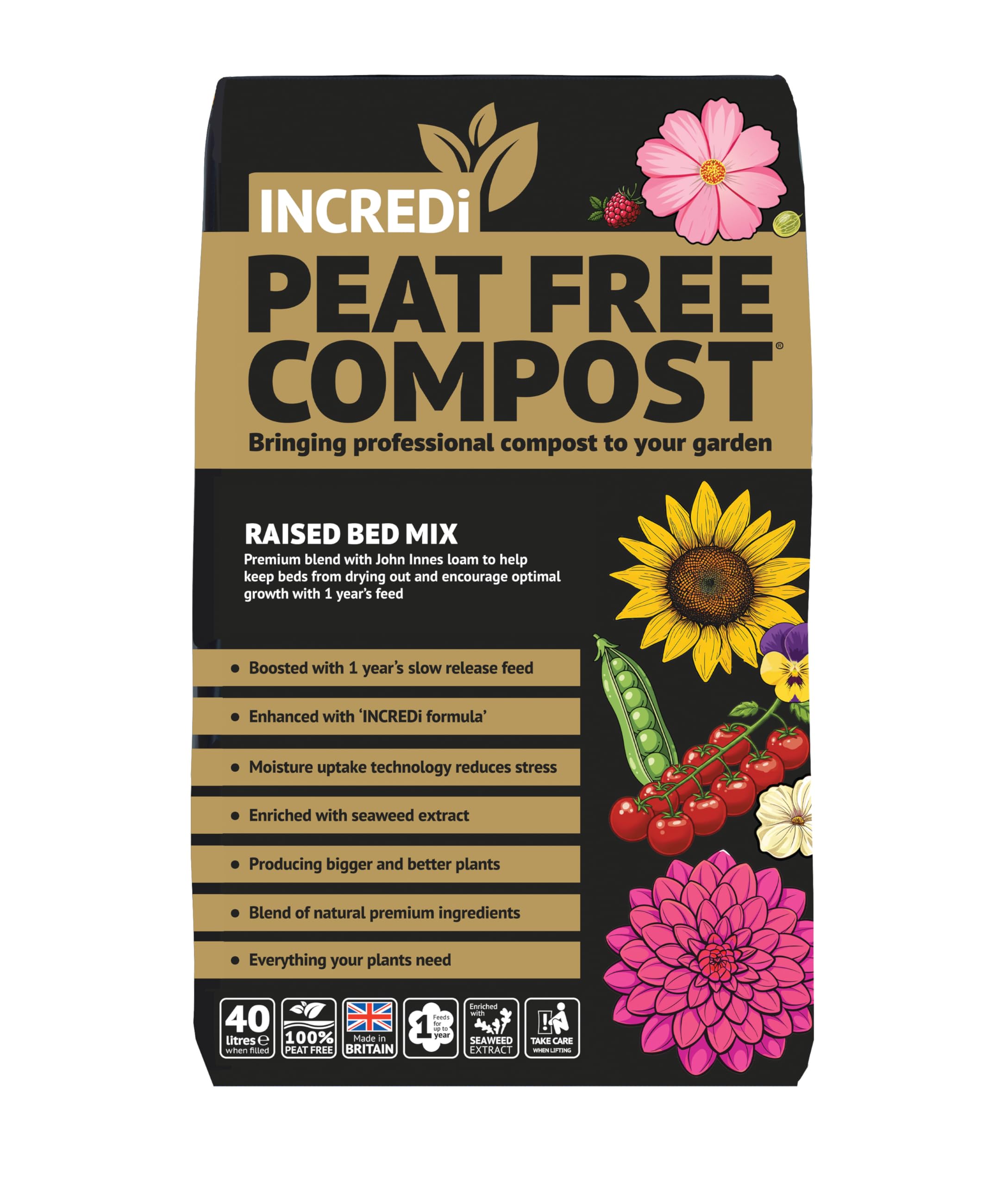 INCREDiPeatFree Premium Raised Bed Compost with John Innes 40L Includes 120g Slow Release Fertiliser Peat Free Growing Medium for Beds Containers