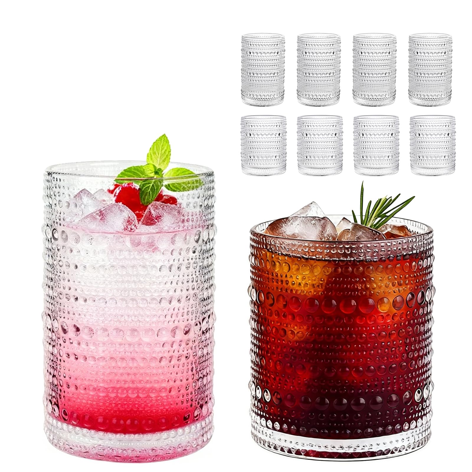 Hobnail Drinking Glasses Set of 8 12 Oz Vintage Highball Glasses 10 Oz Cocktail Glasses Kitchen Glassware Set