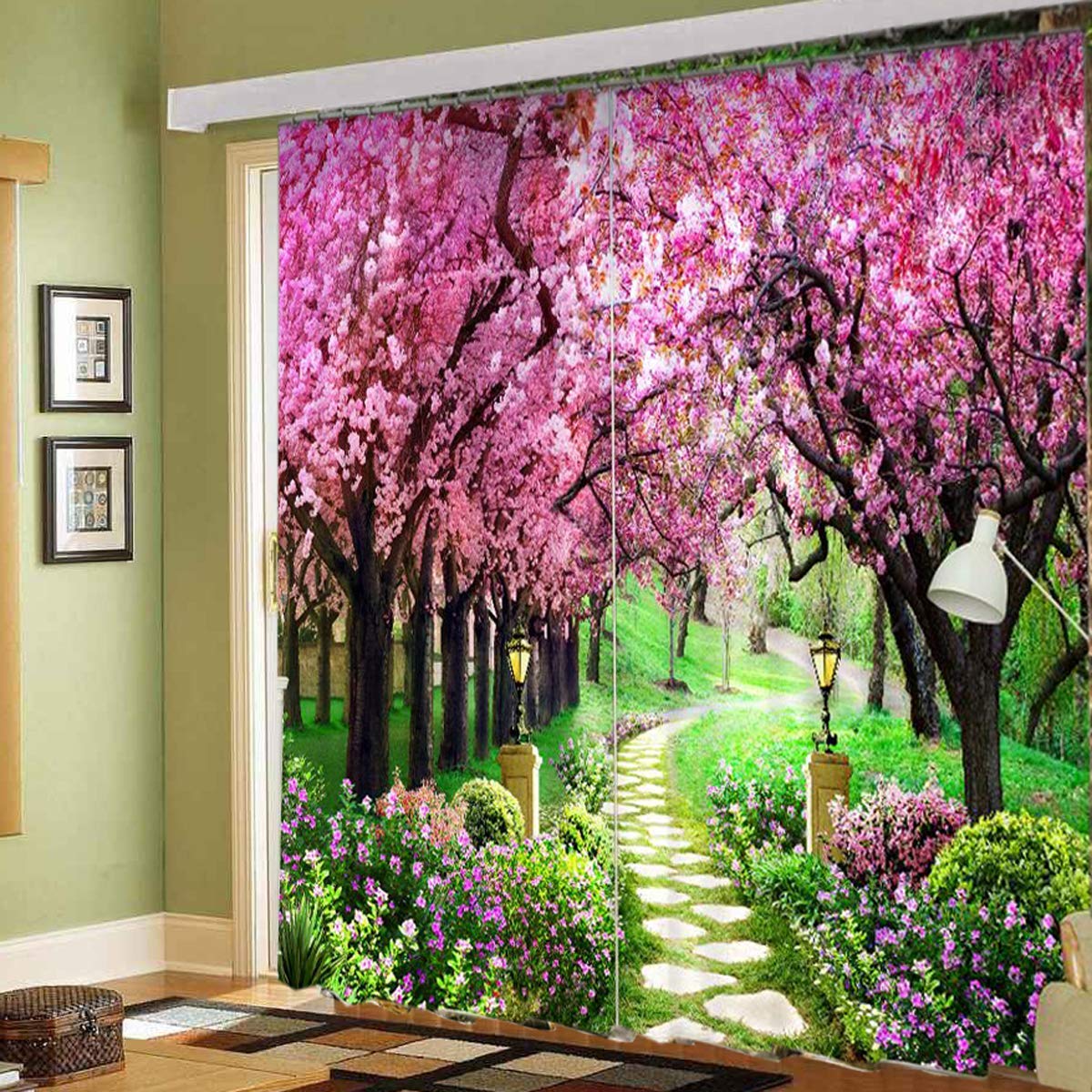 V4M 3D Beautiful Garden Digital Printed Polyester Fabric Curtains for Bed Room, Living Room Kids Room Color Pink Window/Door/Long Door (D.N.56) (2, 4 x 9 Feet (Size: 48 x 108 Inch) Long Door)